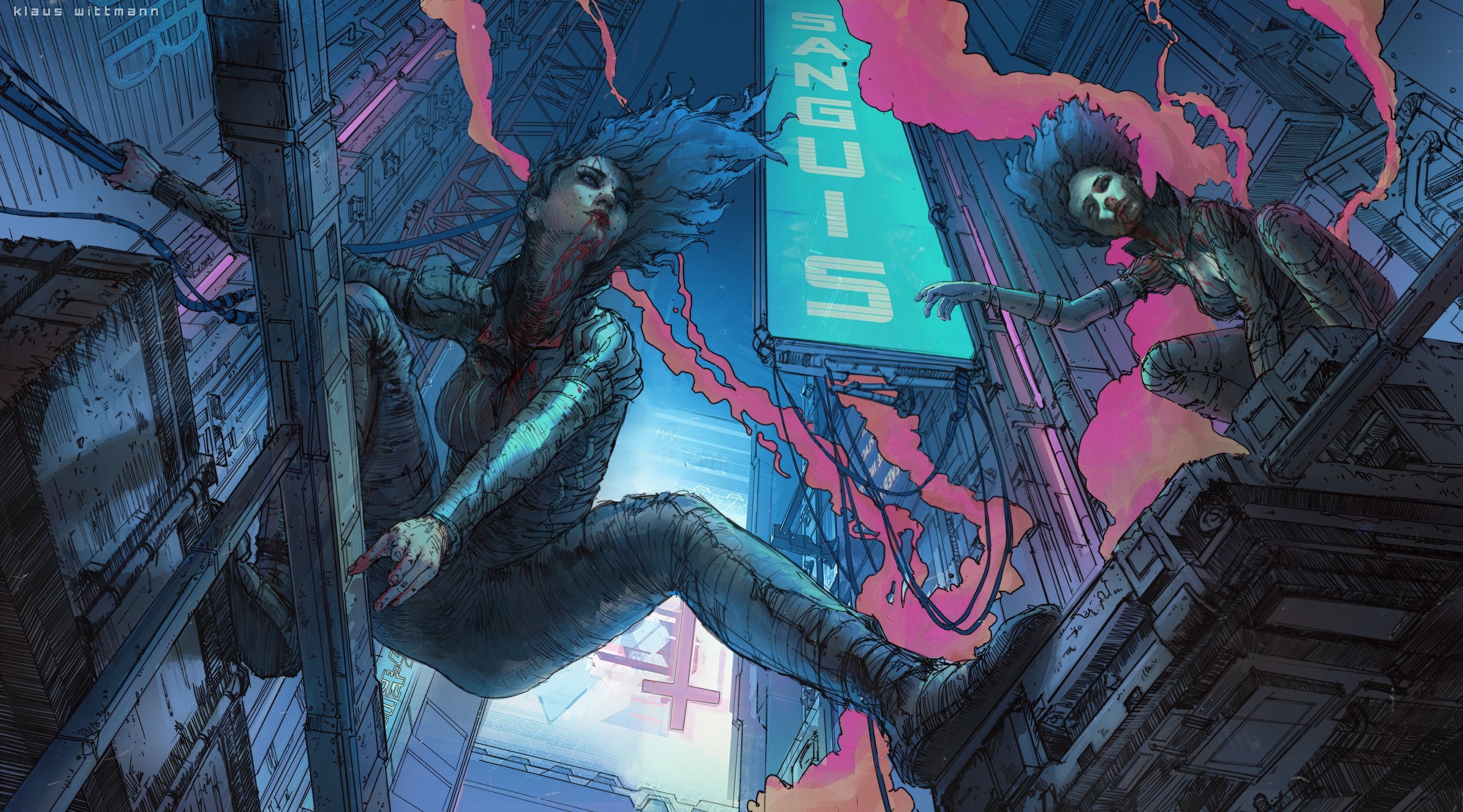 Women in a cyberpunk city with blood HD Wallpaper