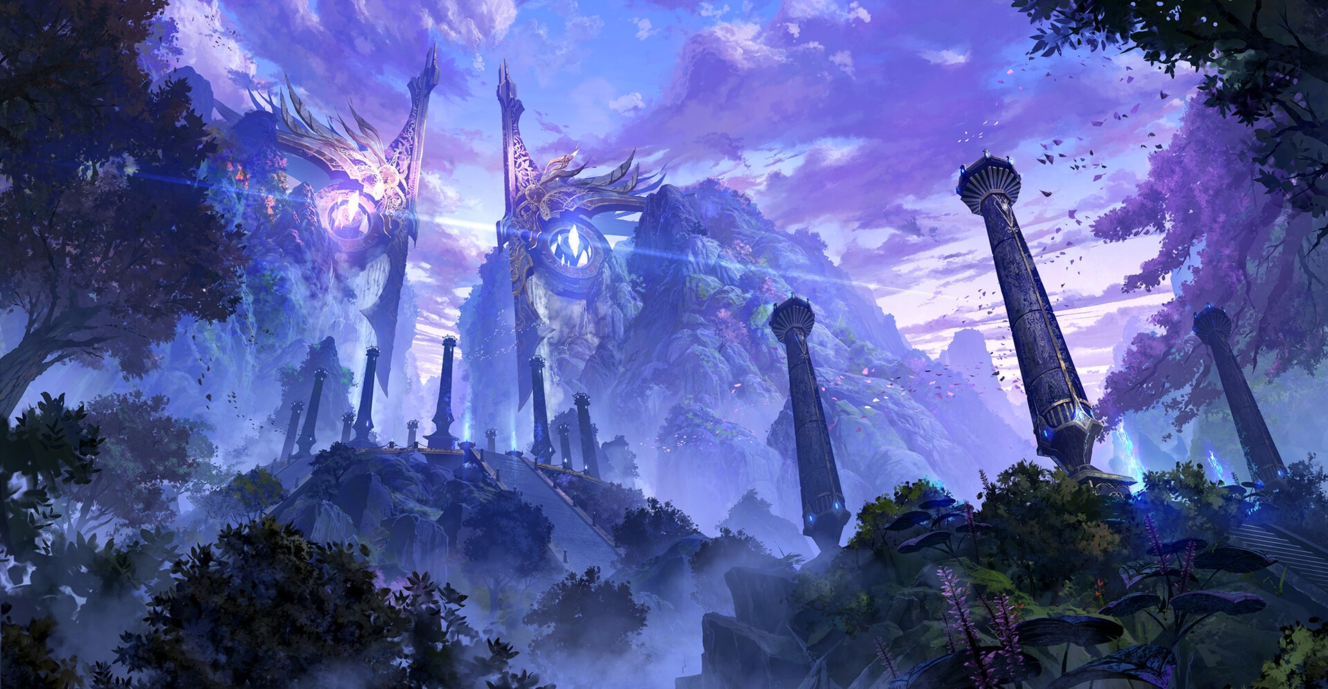Fantasy landscape with ancient ruins and glowing structures HD Wallpaper
