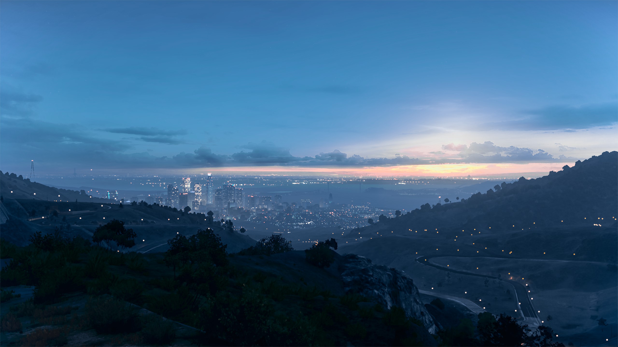 Grand Theft Auto V landscape at dusk overlooking a city HD Wallpaper