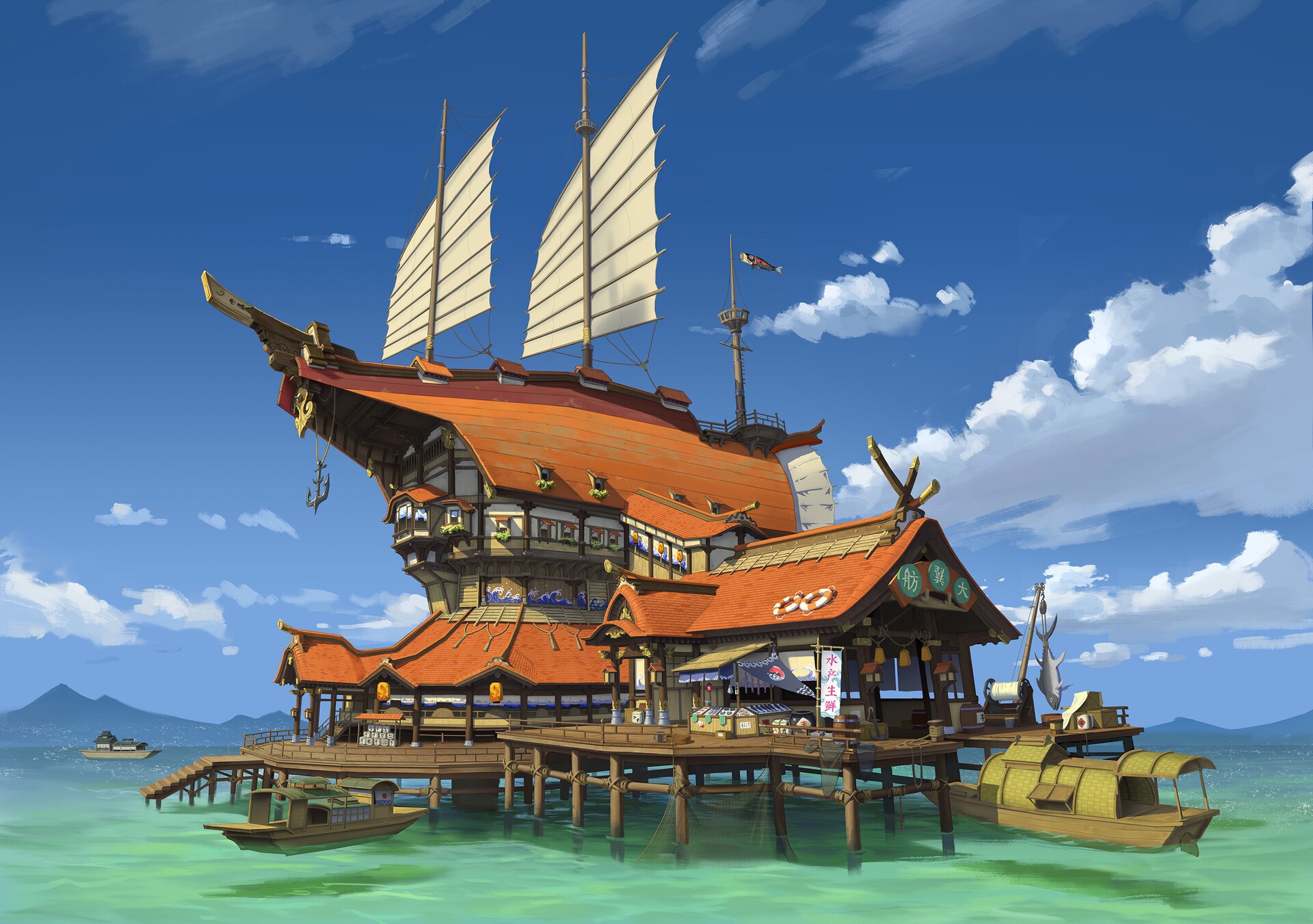 Fantasy ship-house on a pier with boats in the sea HD Wallpaper