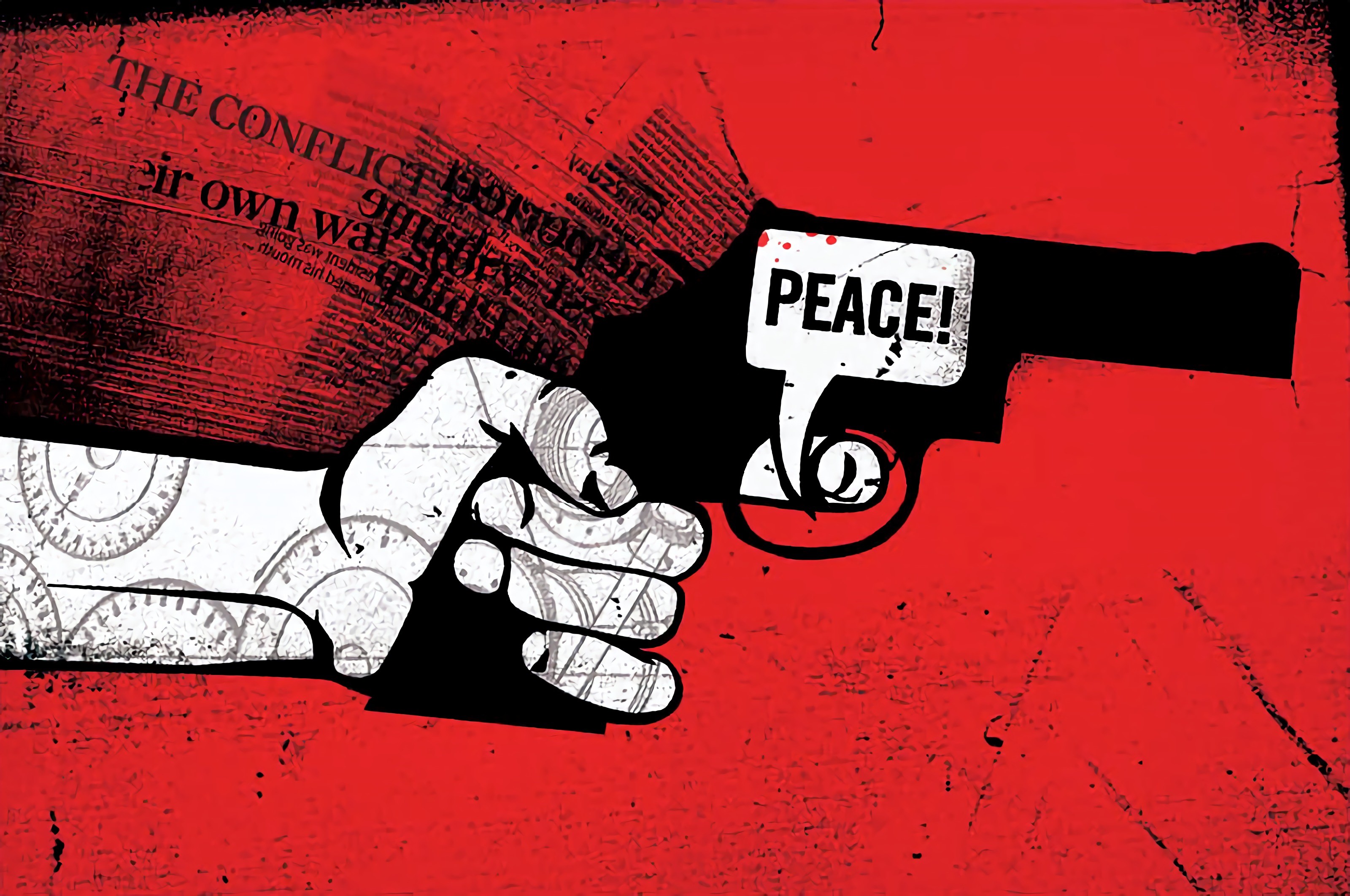 Artwork of a hand holding a revolver with "PEACE!" speech bubble HD Wallpaper