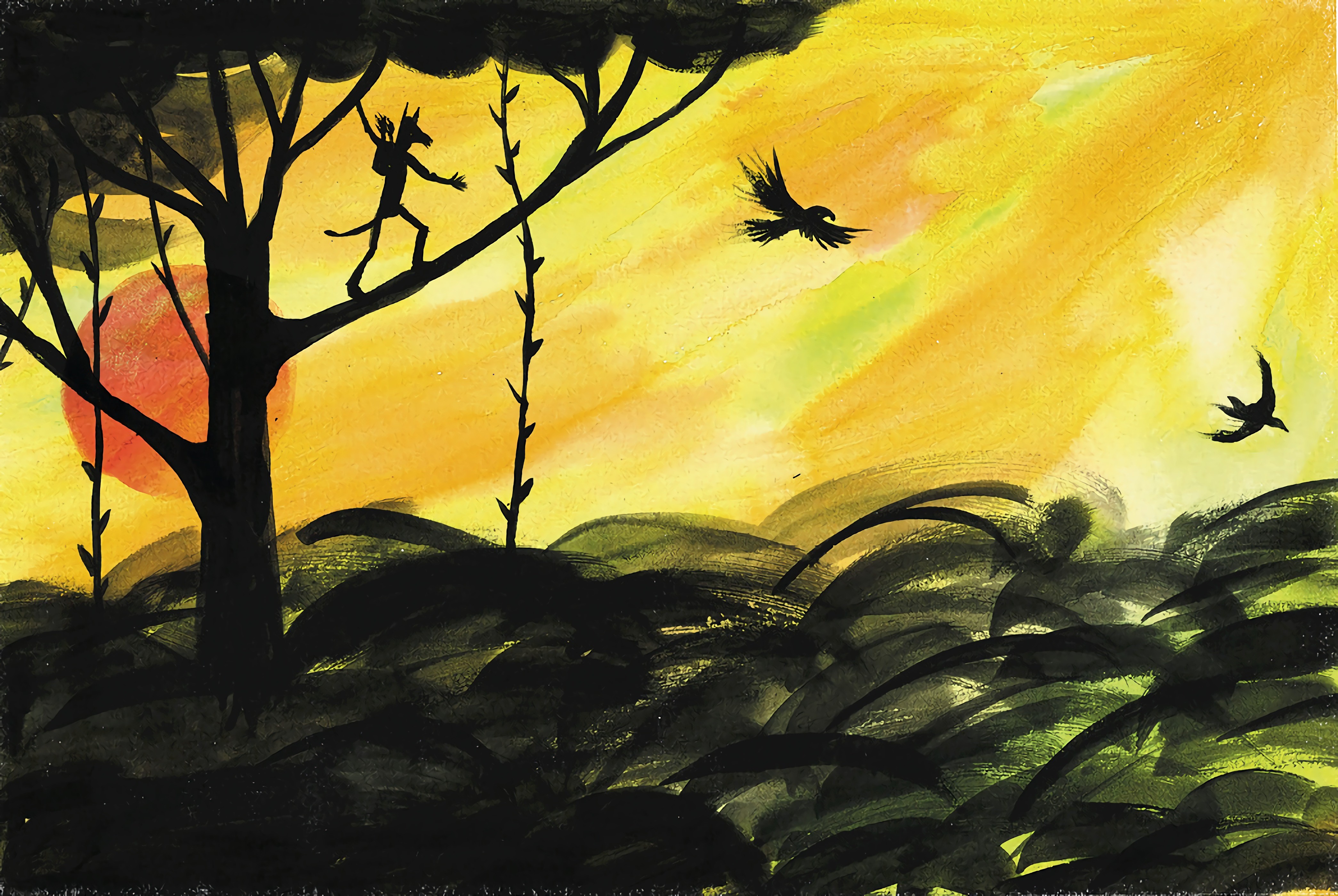 Artwork of a creature in a tree at sunset HD Wallpaper