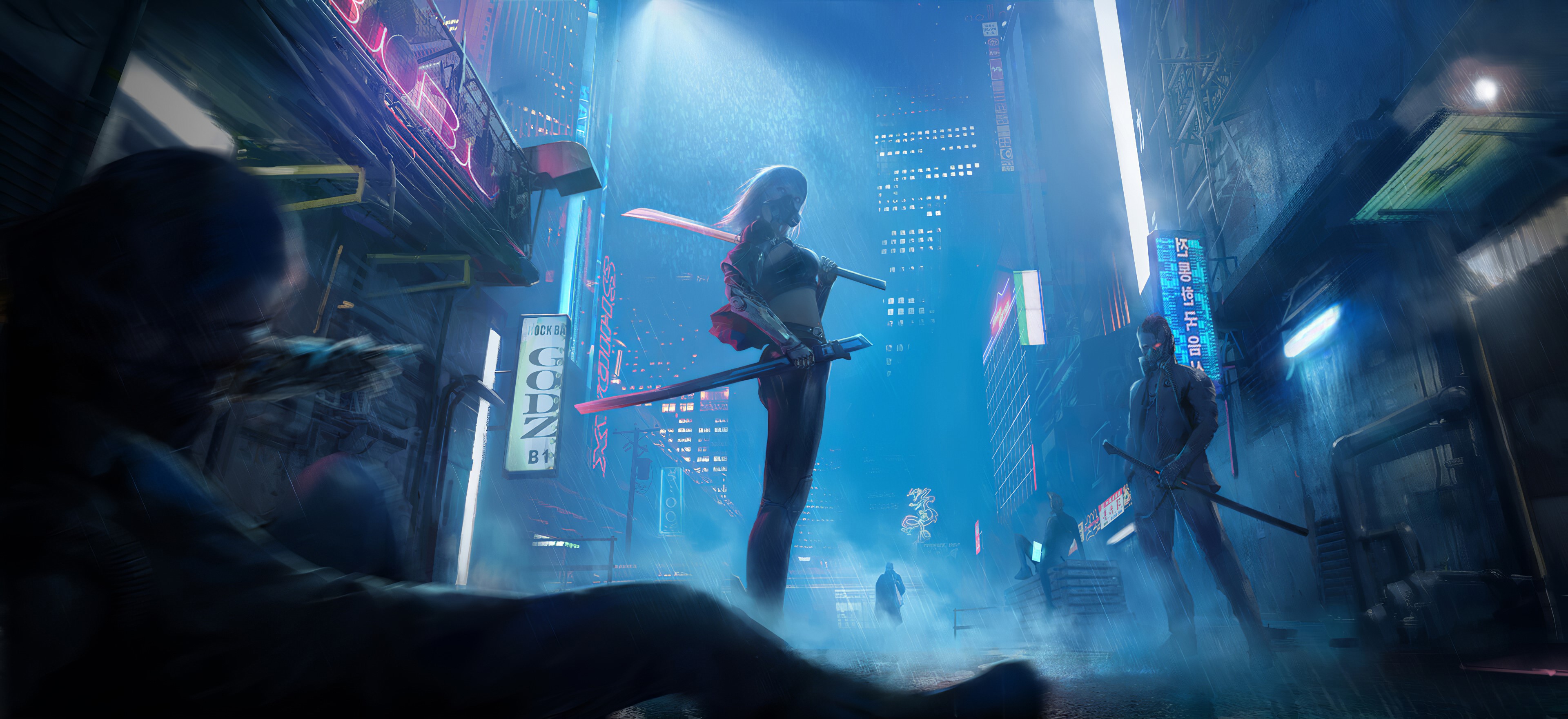 Women with swords in a neon-lit sci-fi city at night HD Wallpaper