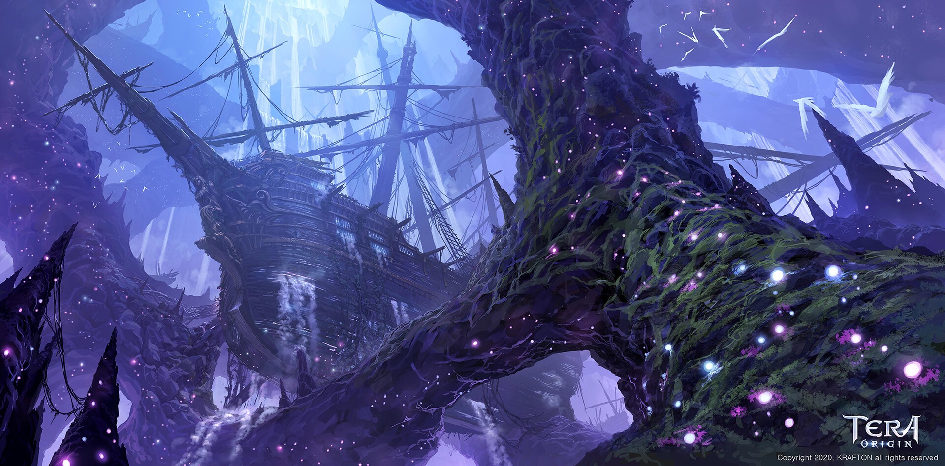 Fantasy art of a ship in a mystical forest HD Wallpaper