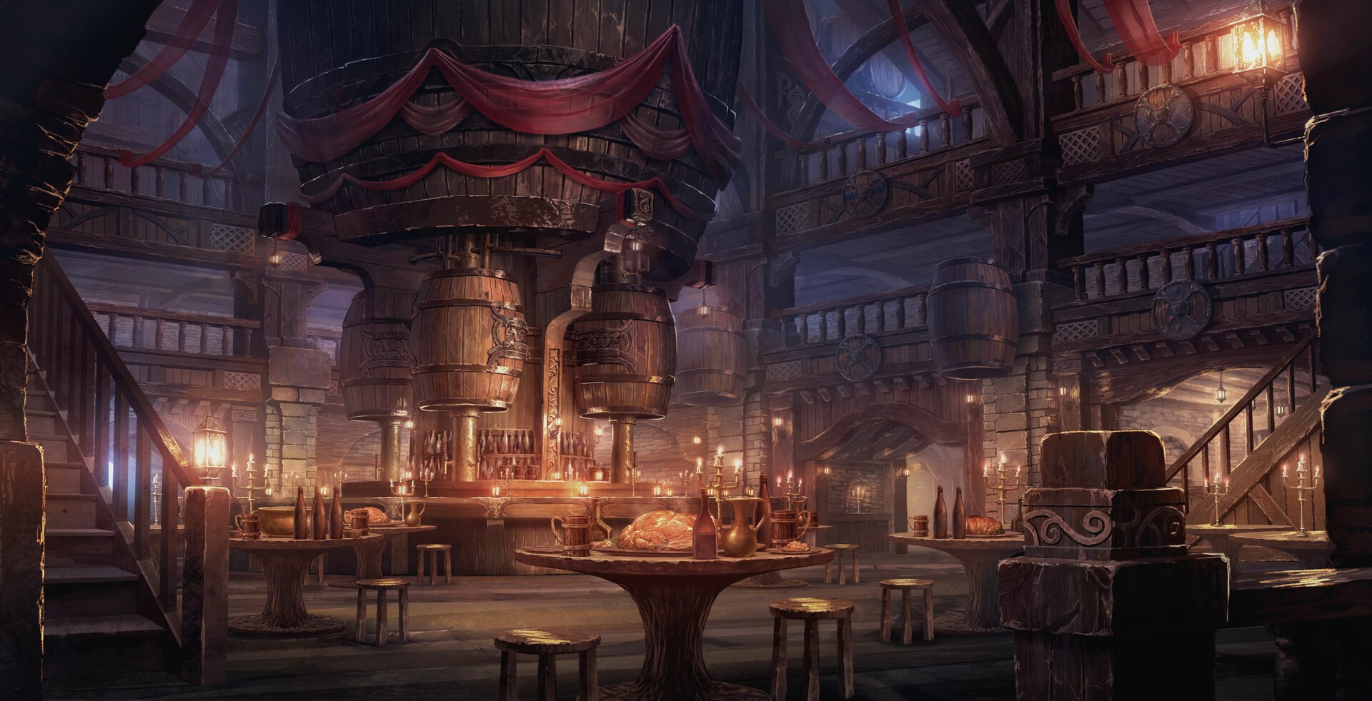 Fantasy tavern interior with barrels and tables HD Wallpaper
