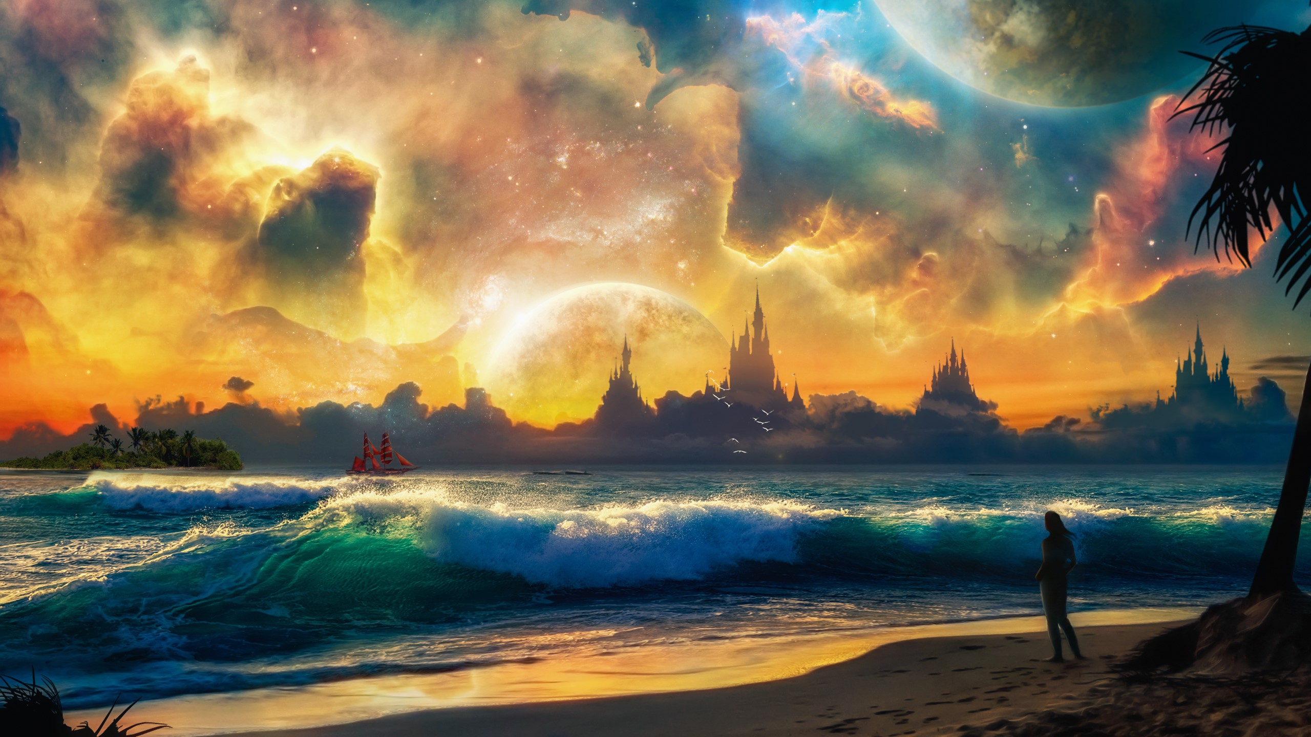 Fantasy beach with alien planets and castles HD Wallpaper