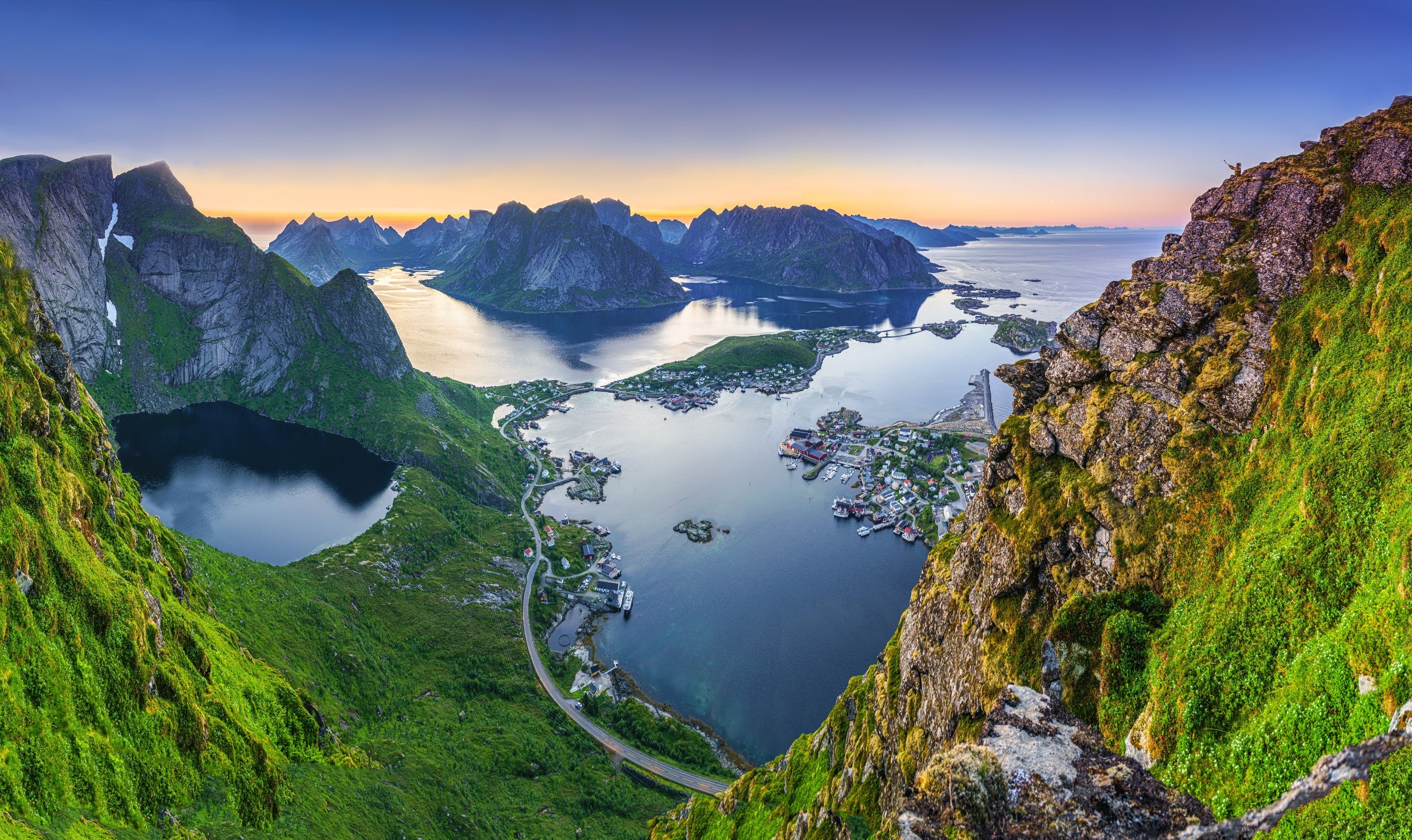 Mountains and village in Lofoten Islands, Norway HD Wallpaper