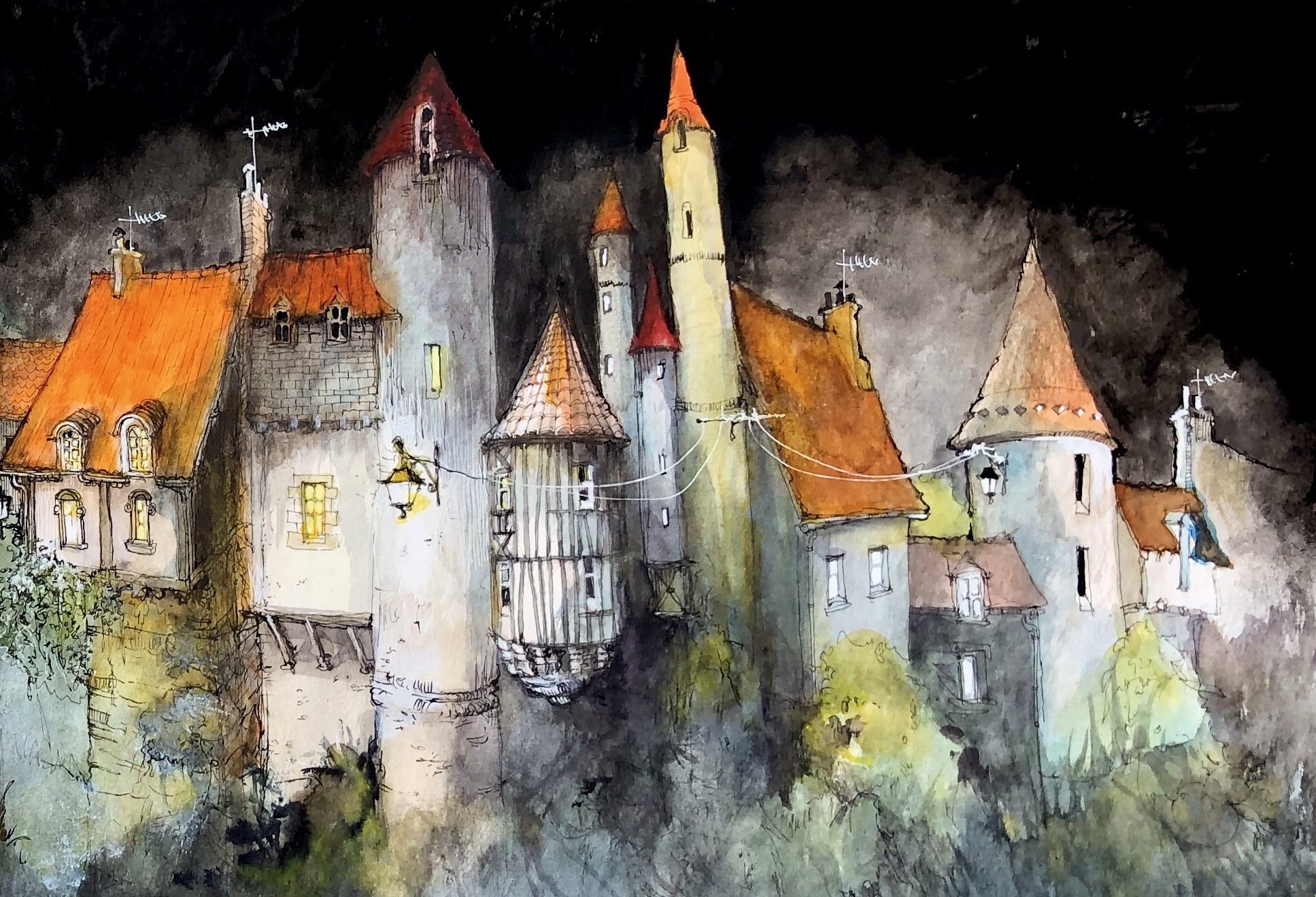 Watercolor painting of a European town at night HD Wallpaper