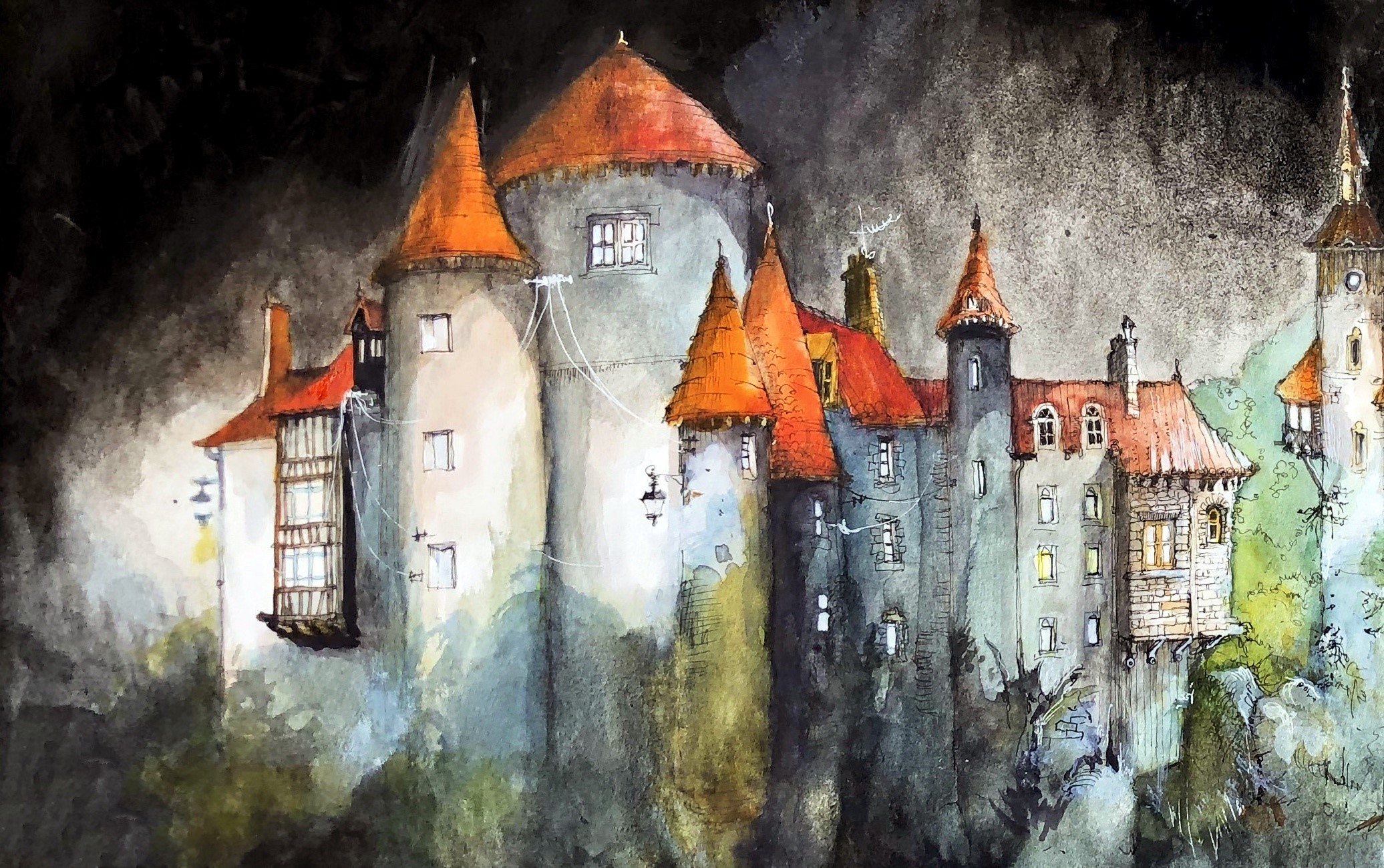 Watercolor painting of a fantasy castle with orange roofs HD Wallpaper
