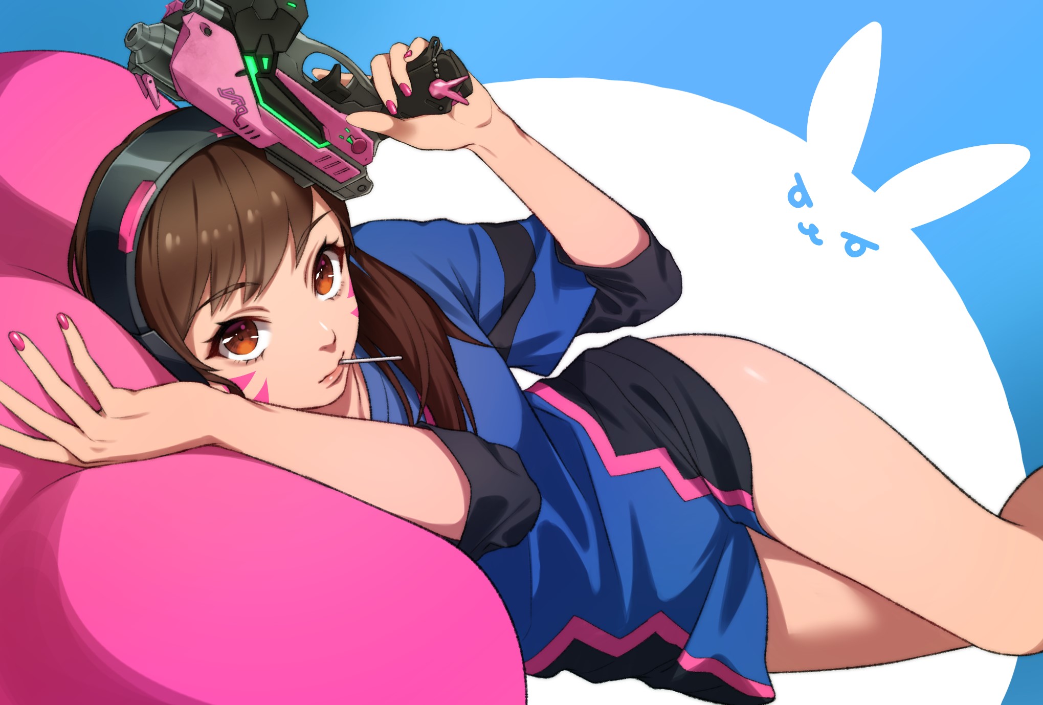 D.Va from Overwatch with a lollipop and weapon HD Wallpaper