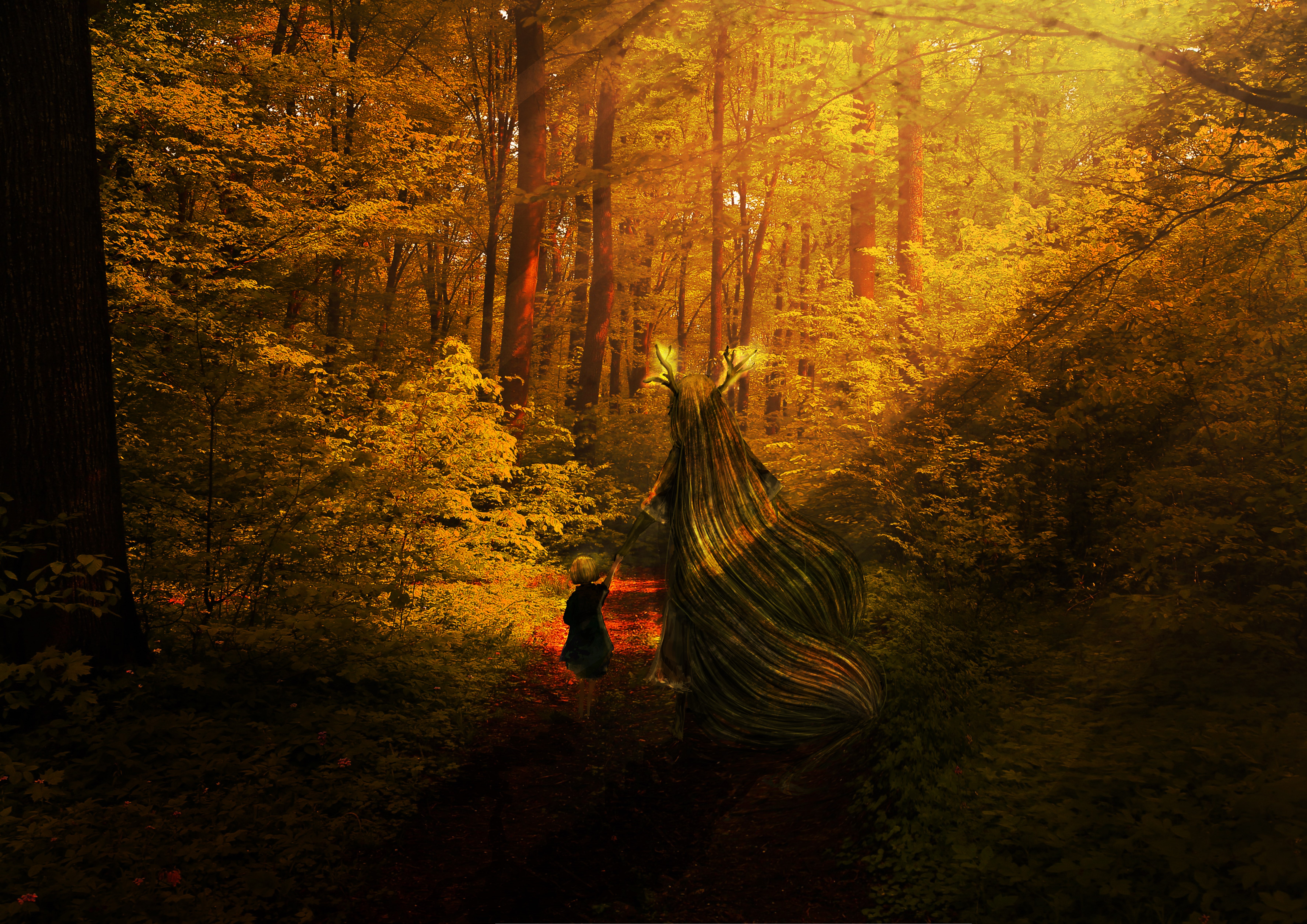 Child and creature in a sunlit forest HD Wallpaper