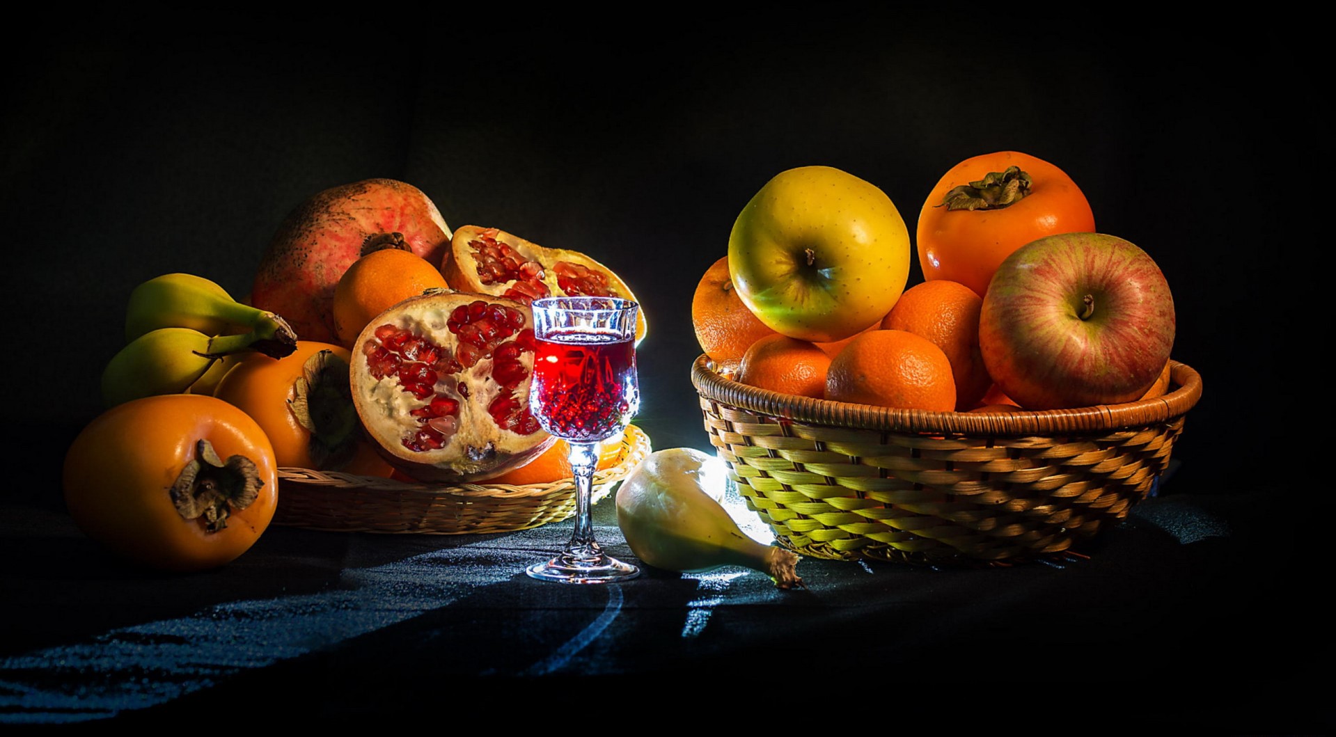 Still life with fruits, glass of red wine, and onion HD Wallpaper