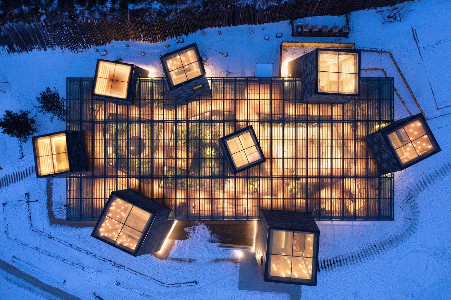 Aerial view of modern architecture with cube-shaped rooms HD Wallpaper