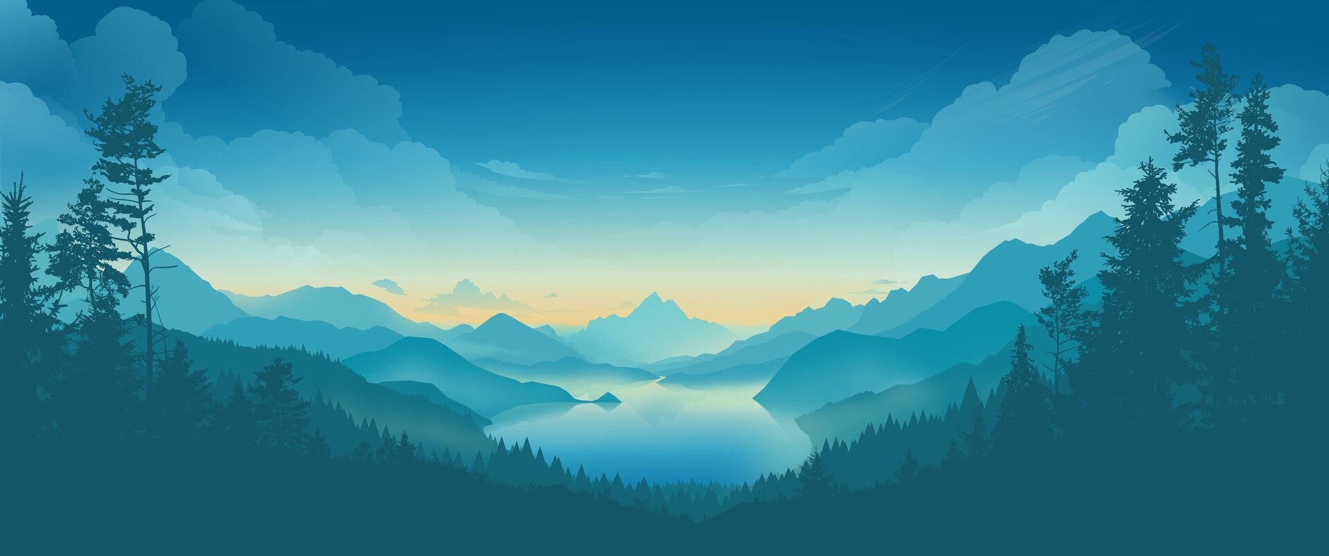 Cyan mountain valley with a lake and forest HD Wallpaper