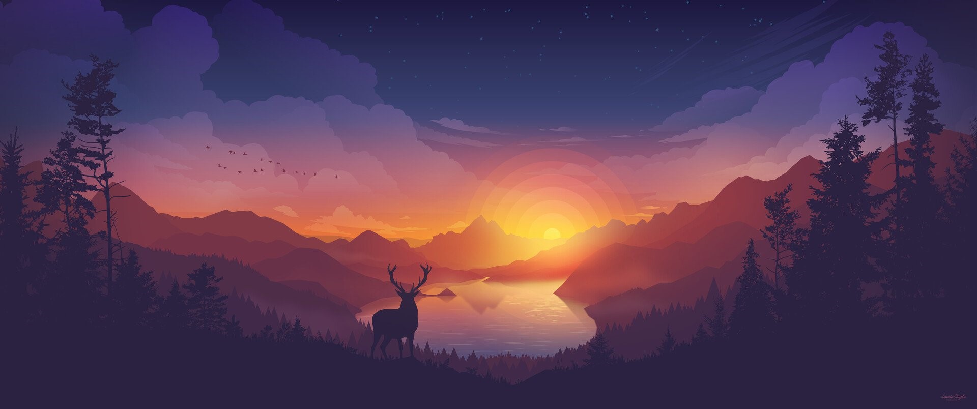 Deer in a valley at sunset with mountains and lake HD Wallpaper