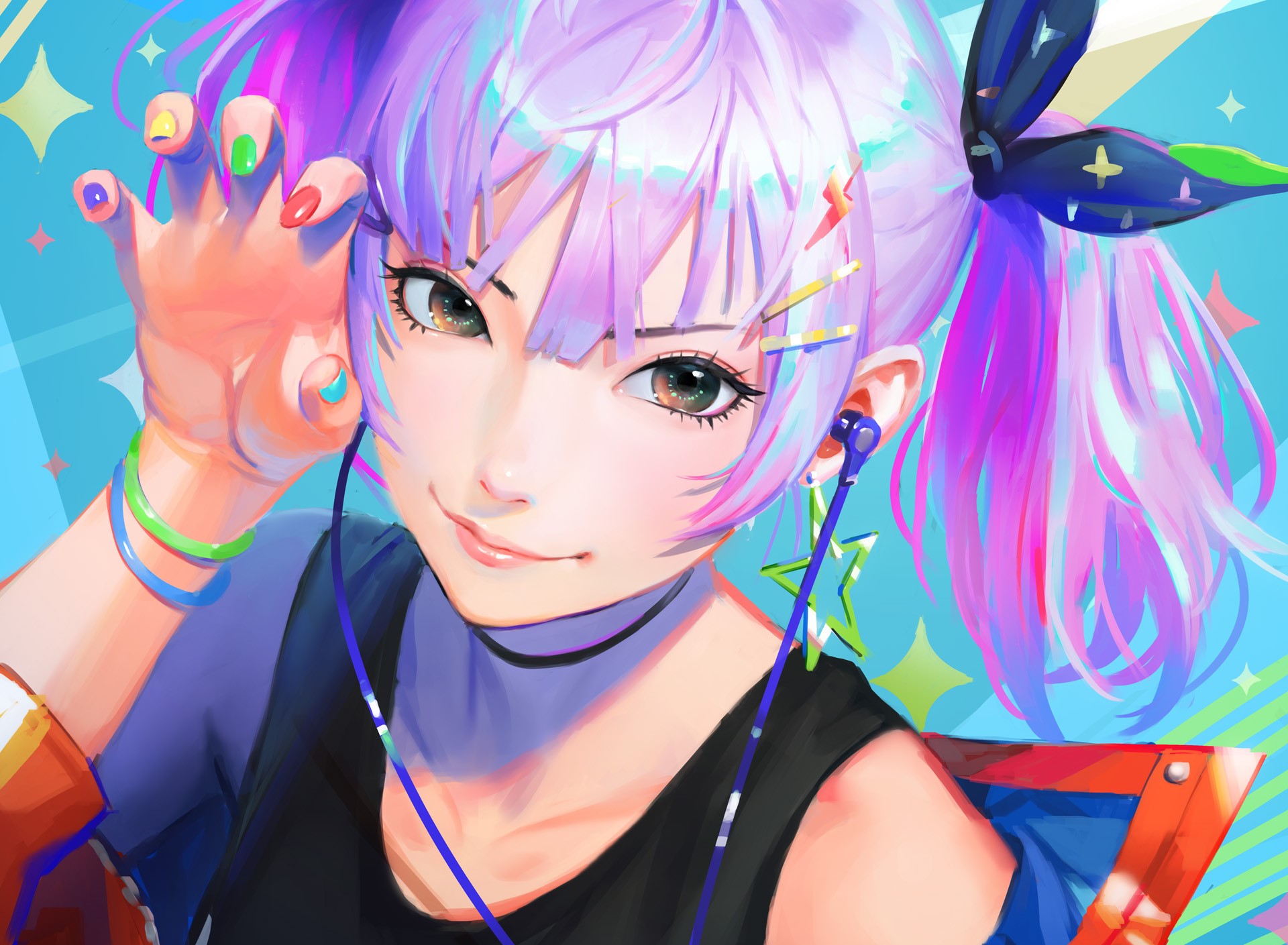 Girl with purple hair and headphones HD Wallpaper