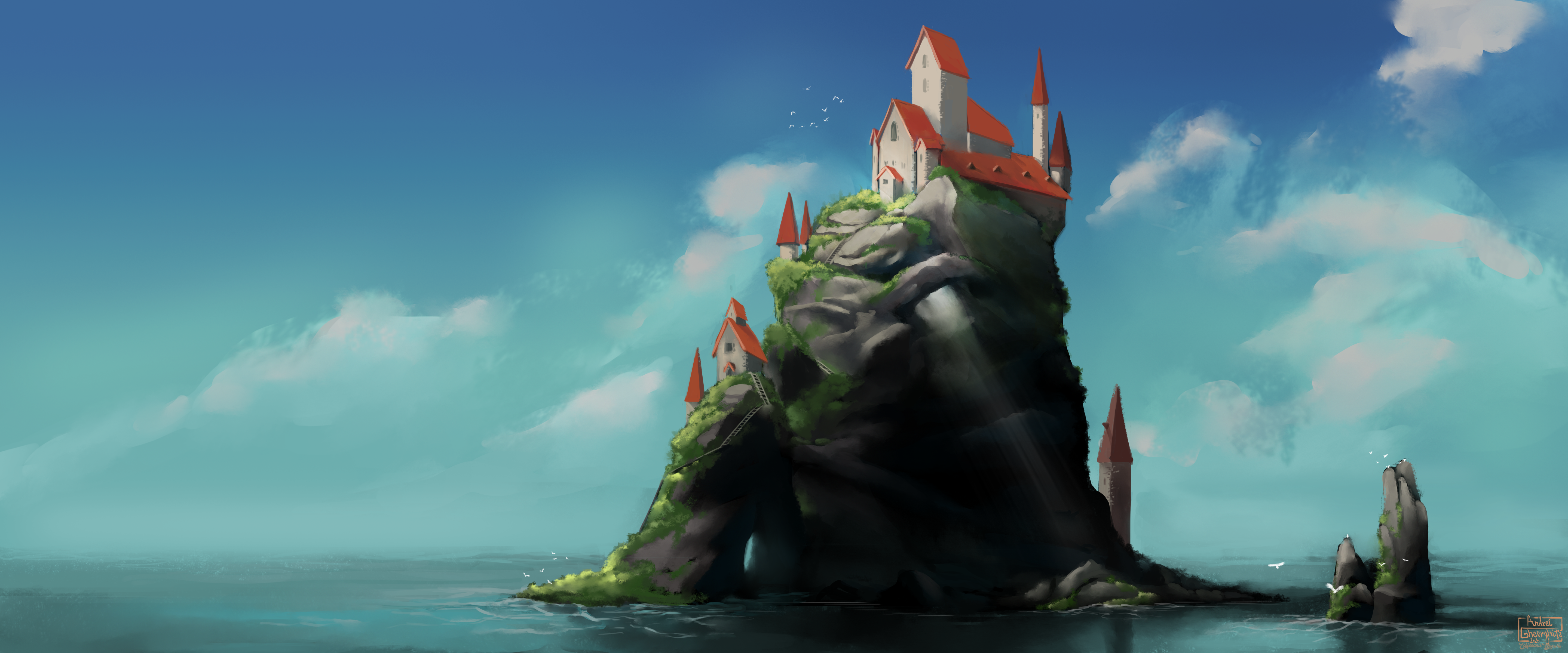 Castle on a rocky island in the sea HD Wallpaper
