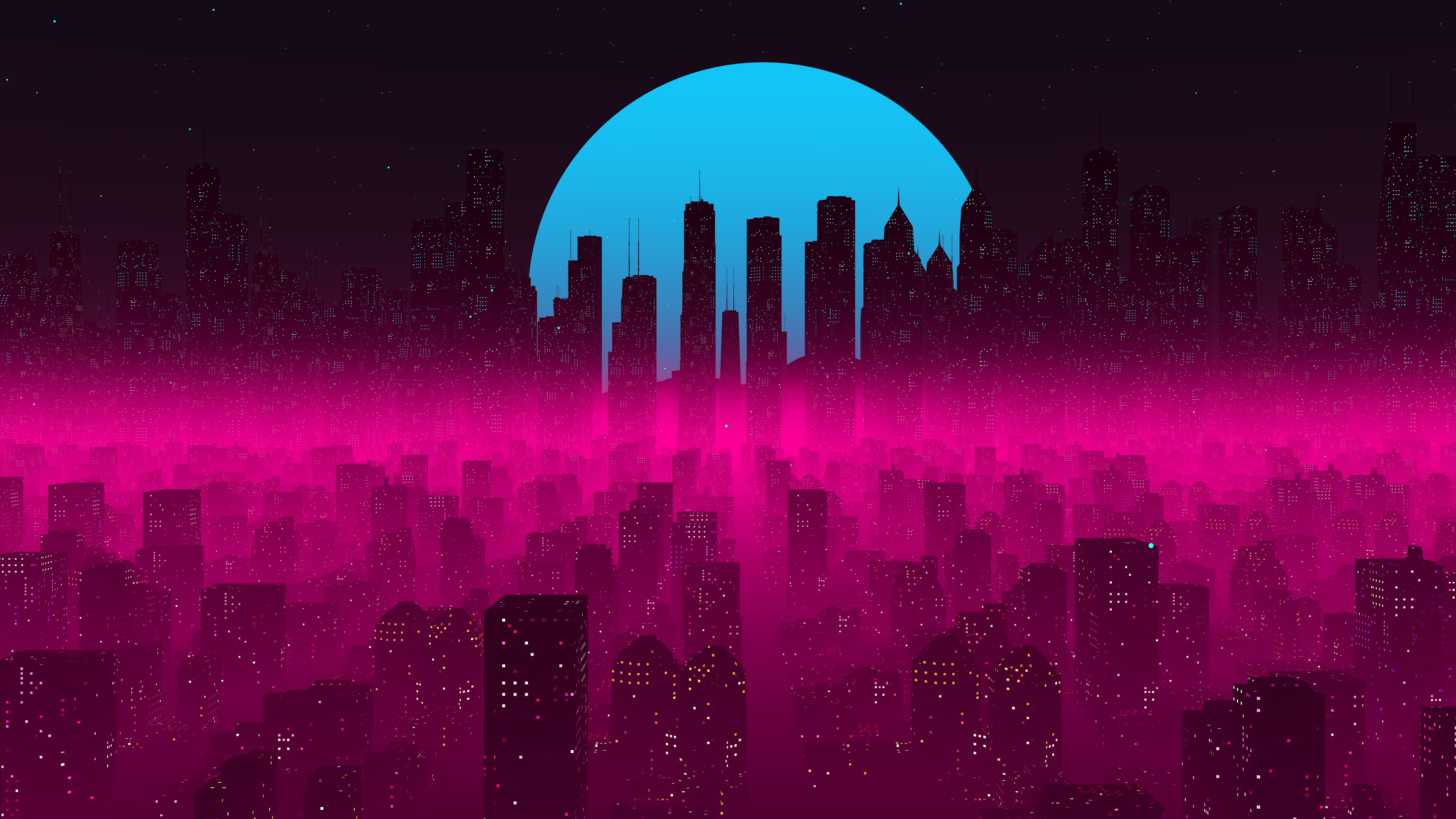 Cyberpunk cityscape with a large blue sun HD Wallpaper