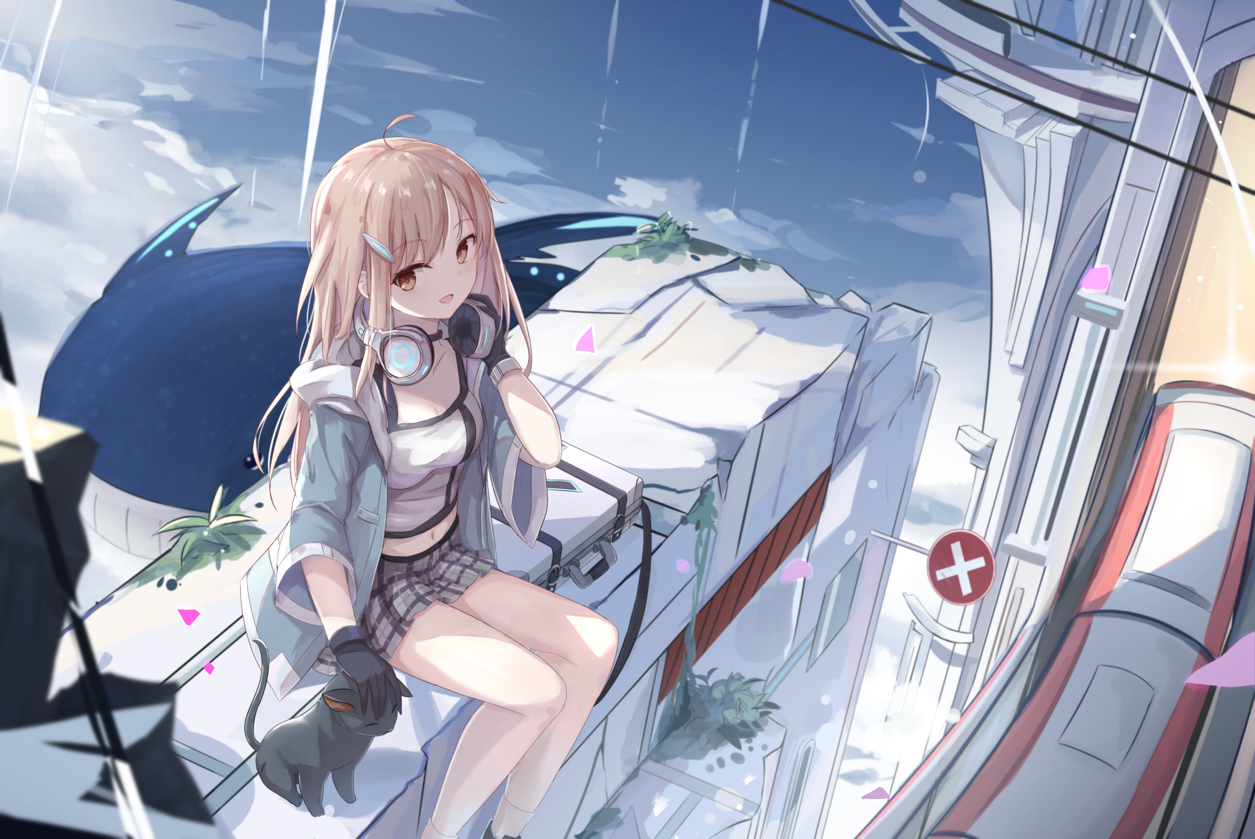 Anime girl with headphones and cat on futuristic city rooftop HD Wallpaper