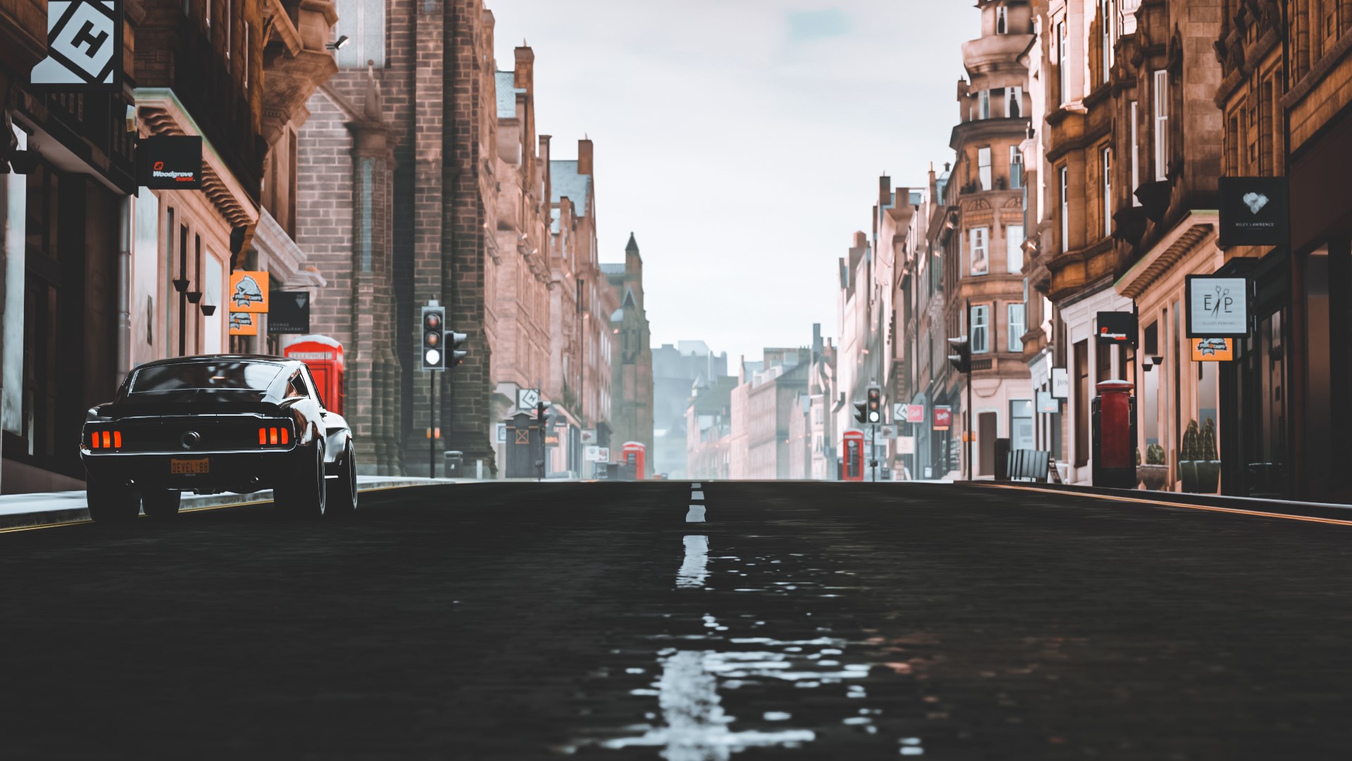 Black Ford Mustang on a wet street in Forza Horizon 4 HD Wallpaper
