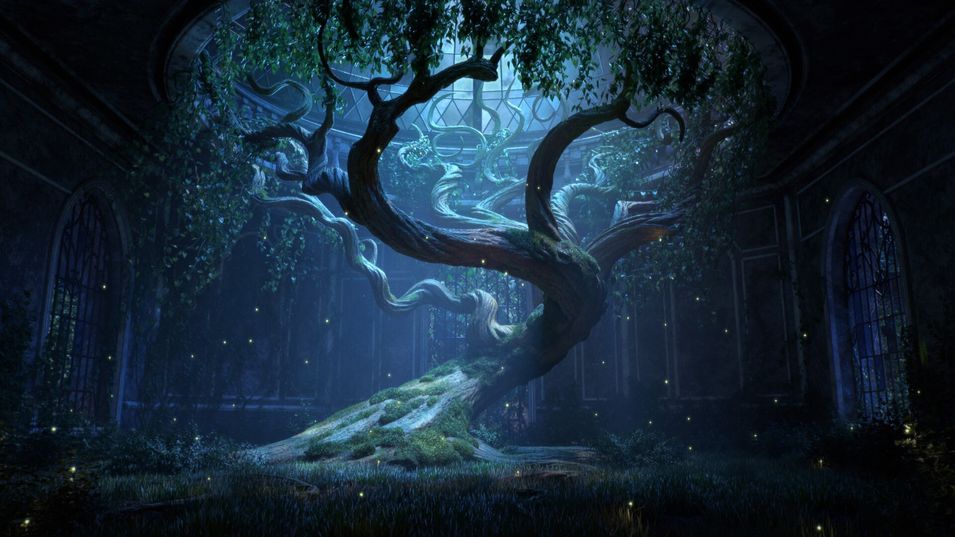 Enchanted ancient tree in a dark, ornate room with fireflies HD Wallpaper