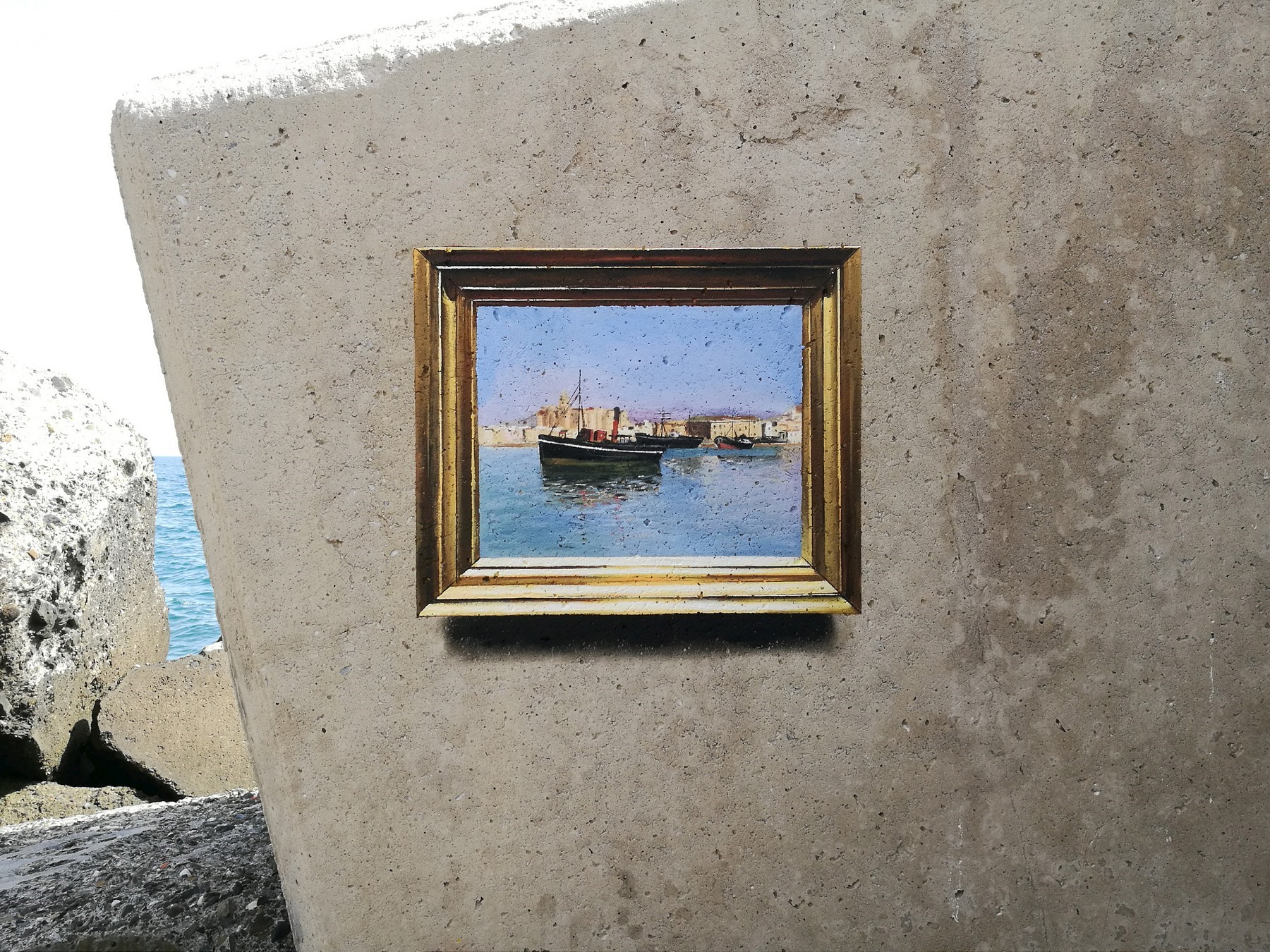 Painting of boats in a harbor by Julio Anaya Cabanding HD Wallpaper
