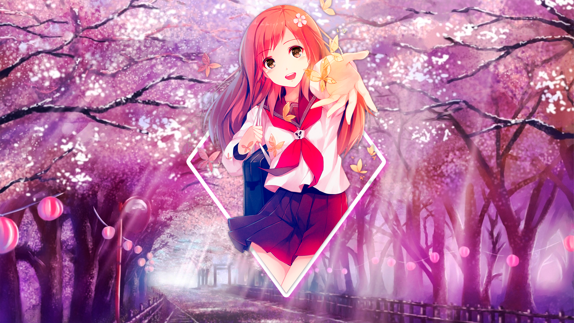 Anime girl in school uniform under cherry blossoms HD Wallpaper