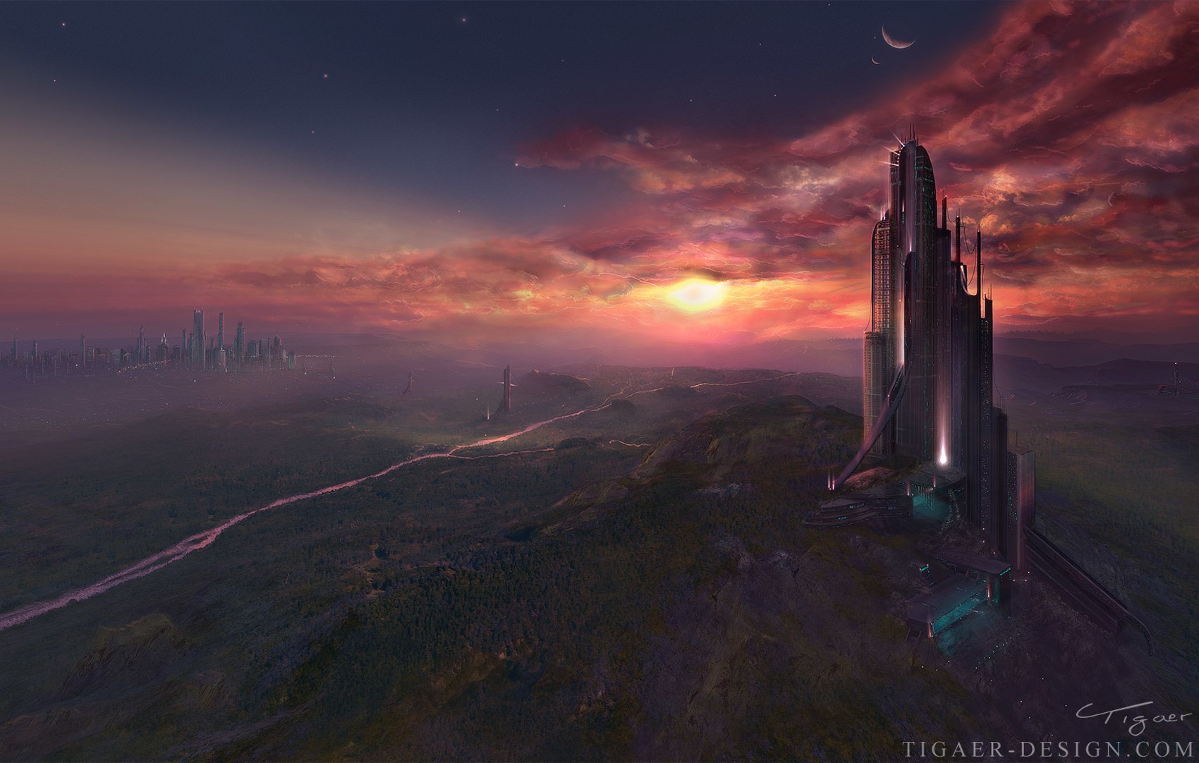 Futuristic city skyline at sunset with a towering skyscraper HD Wallpaper