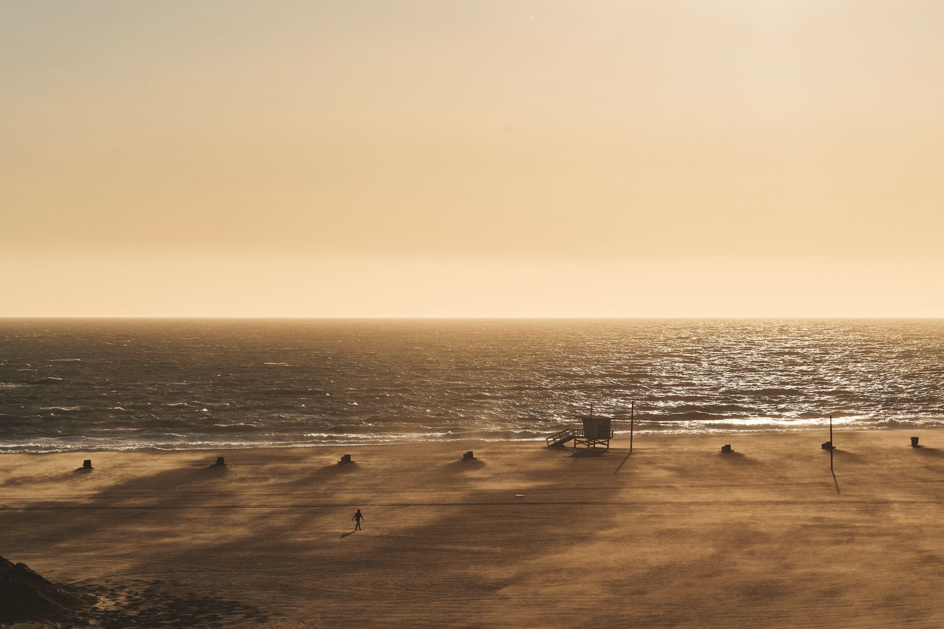 Beach with lifeguard tower and person HD Wallpaper