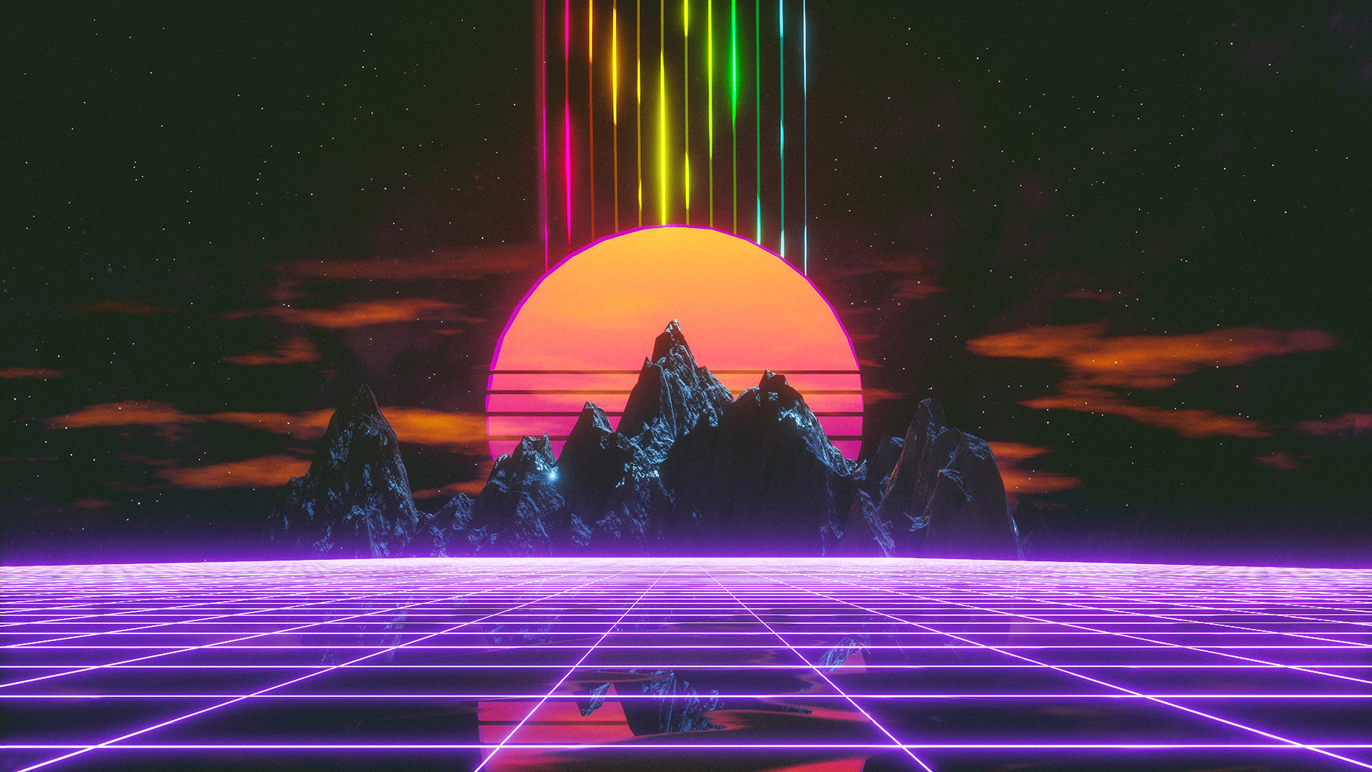 Synthwave retro grid landscape with mountains and sun HD Wallpaper