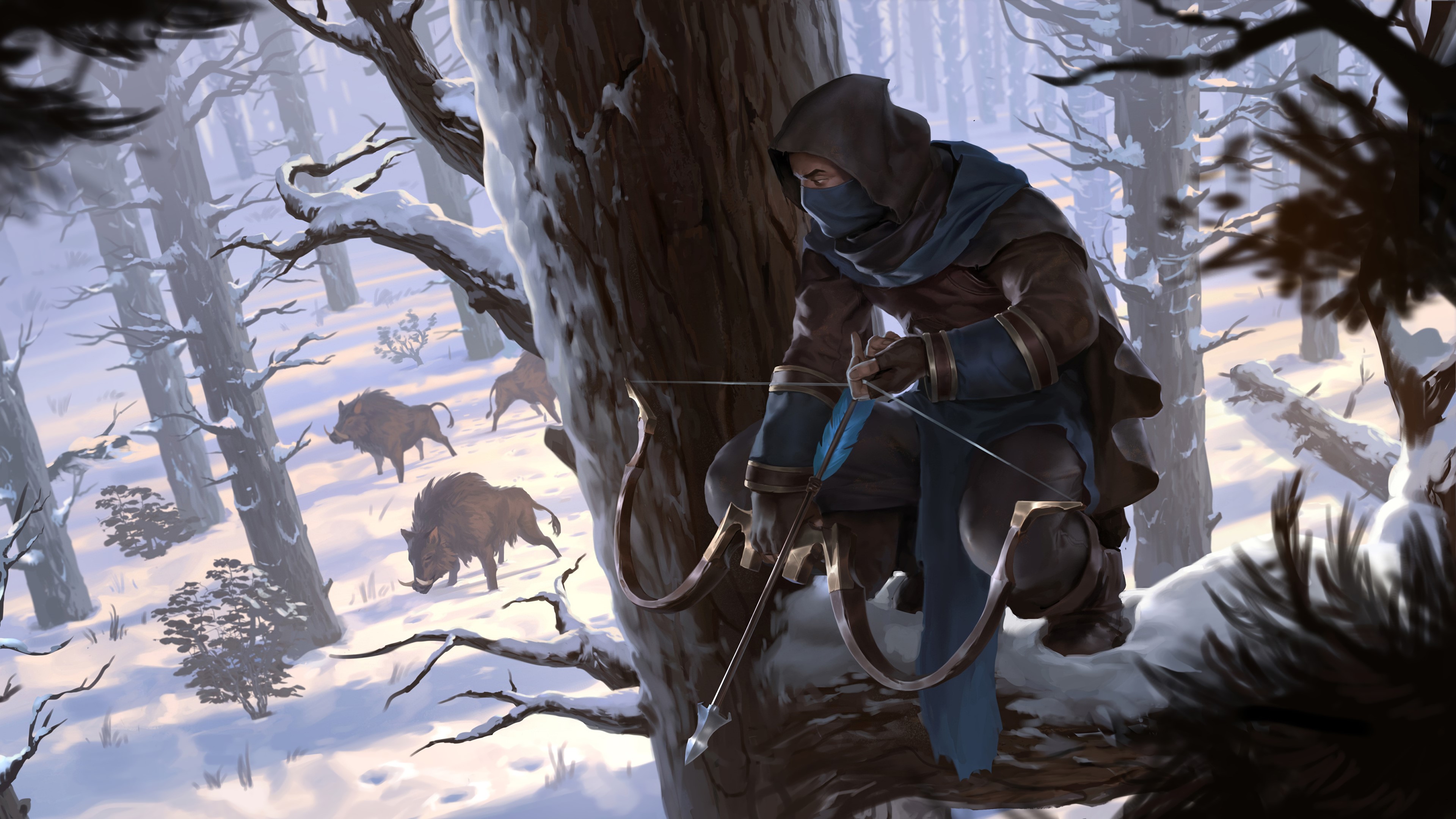 Archer hunting wild boars in a snowy forest HD Wallpaper