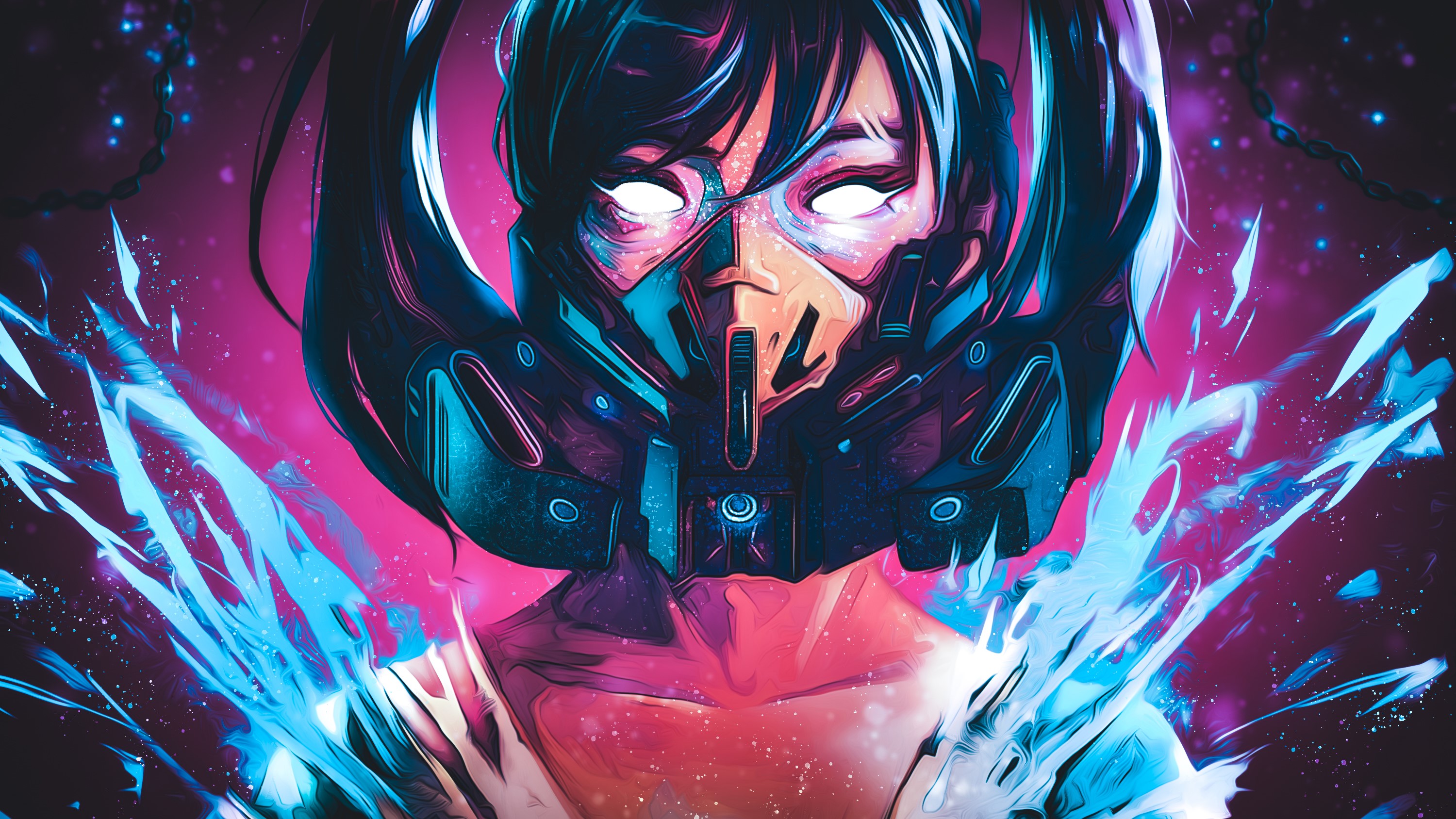 Woman with gas mask and white eyes, neon splashes HD Wallpaper