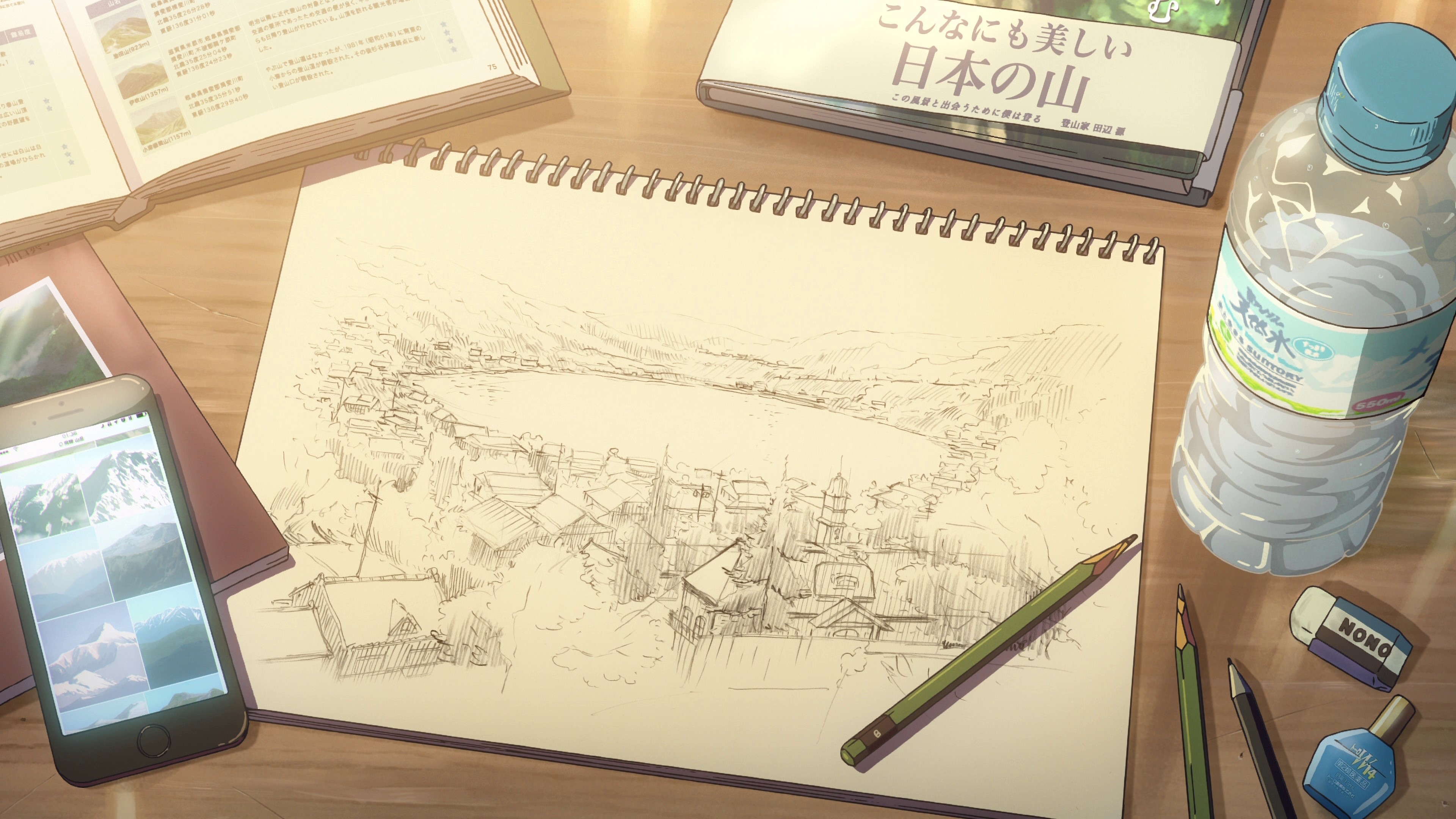 Anime pencil drawing of a landscape with a lake and town HD Wallpaper