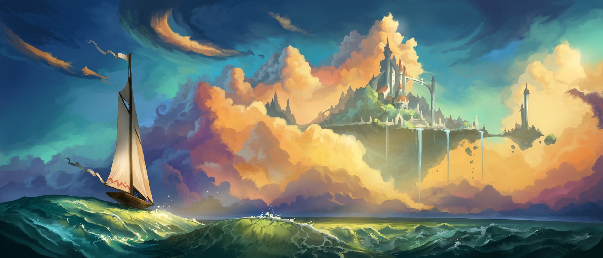 Sailboat approaching a floating castle in the clouds HD Wallpaper