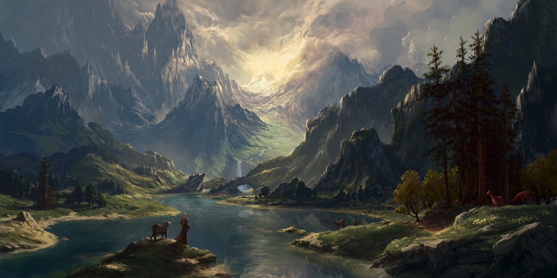 Fantasy landscape with mountains, lake, and deer HD Wallpaper