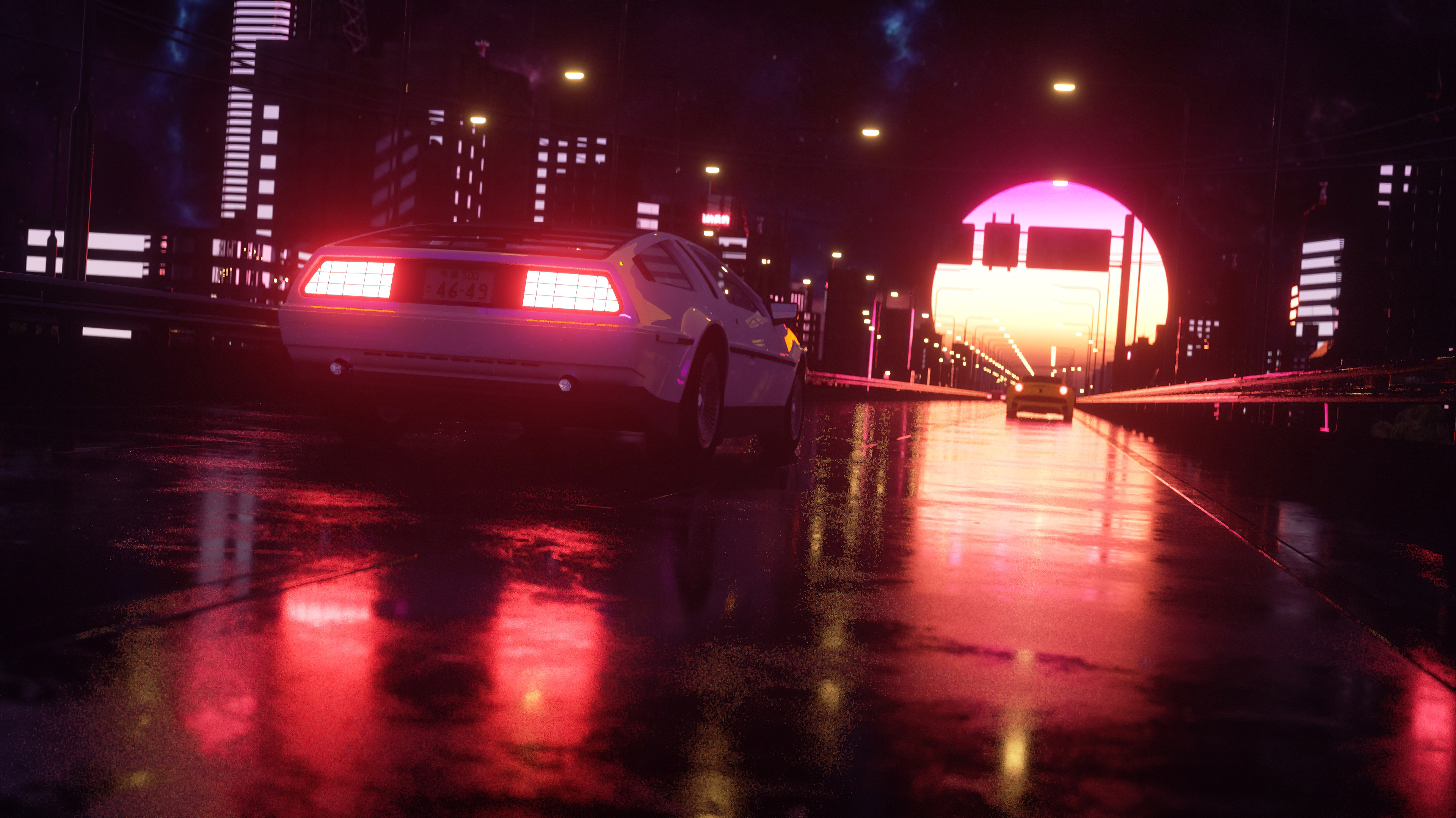 4K Neon Cityscape with DMC DeLorean and Ferrari HD Wallpaper