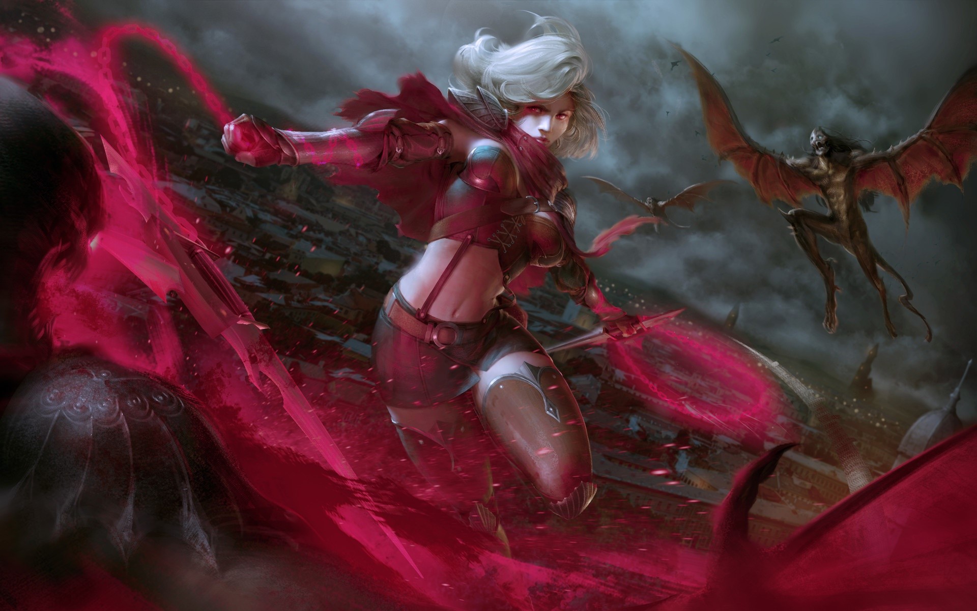 Fantasy girl fighting creatures with magic HD Wallpaper