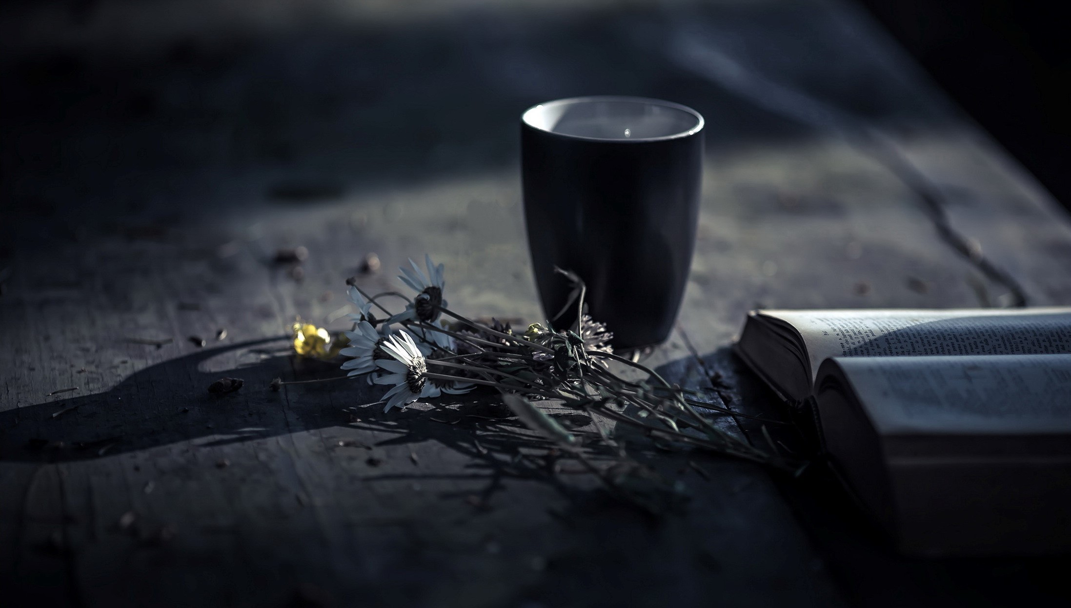 A dark cup, dried flowers, and an open book on a wooden table HD Wallpaper