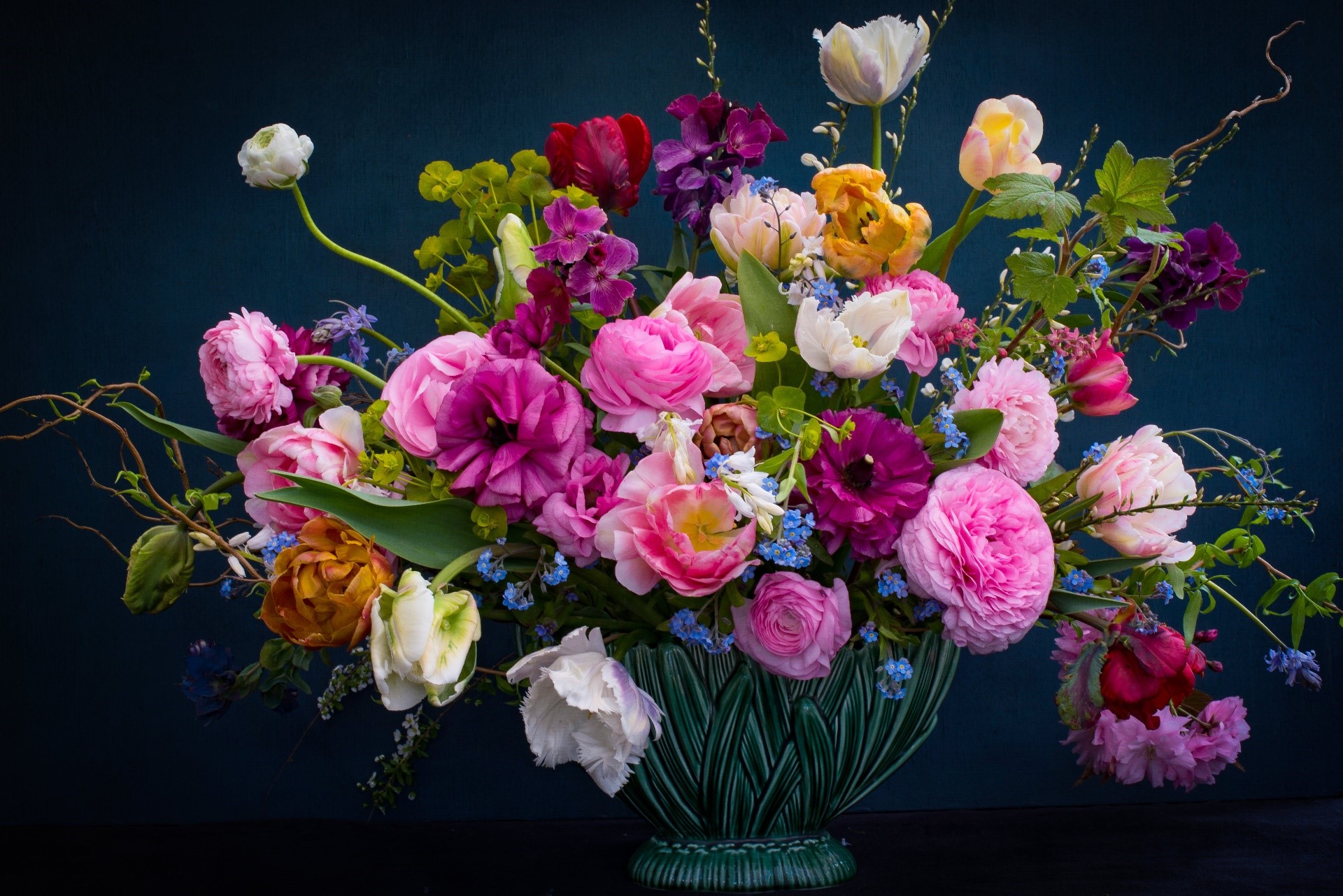 Colorful bouquet of flowers in a green vase HD Wallpaper
