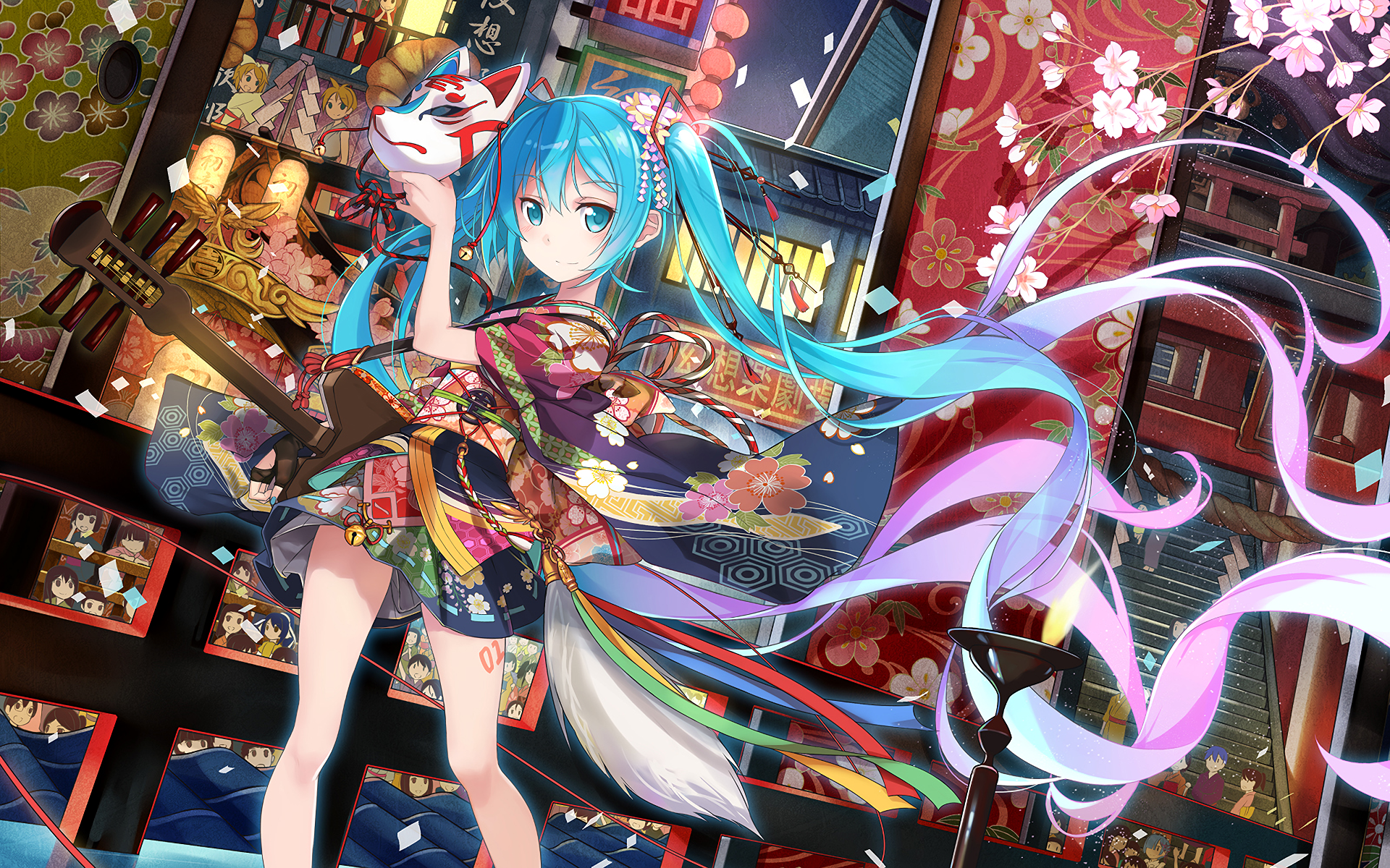 Hatsune Miku with Kitsune Mask and Shamisen HD Wallpaper