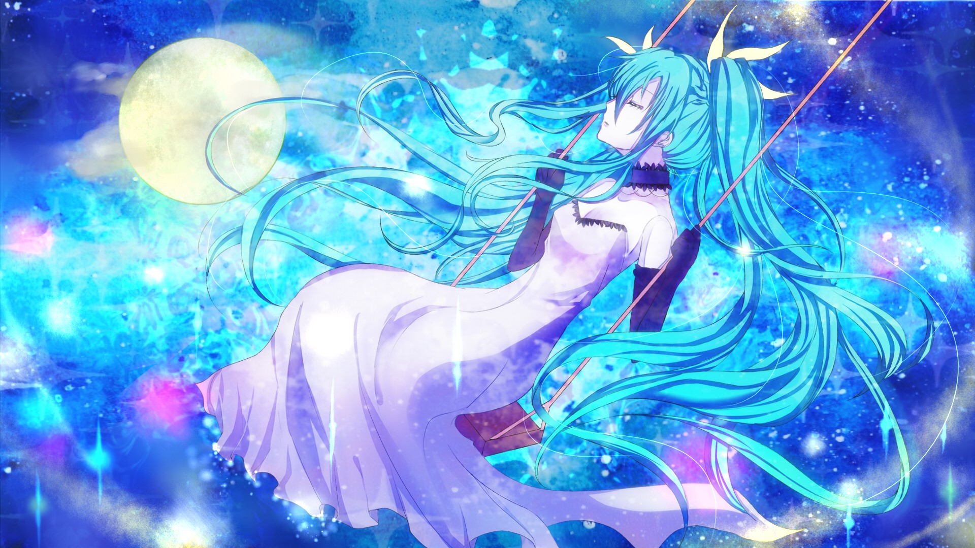 Hatsune Miku swinging in a starry galaxy HD Wallpaper