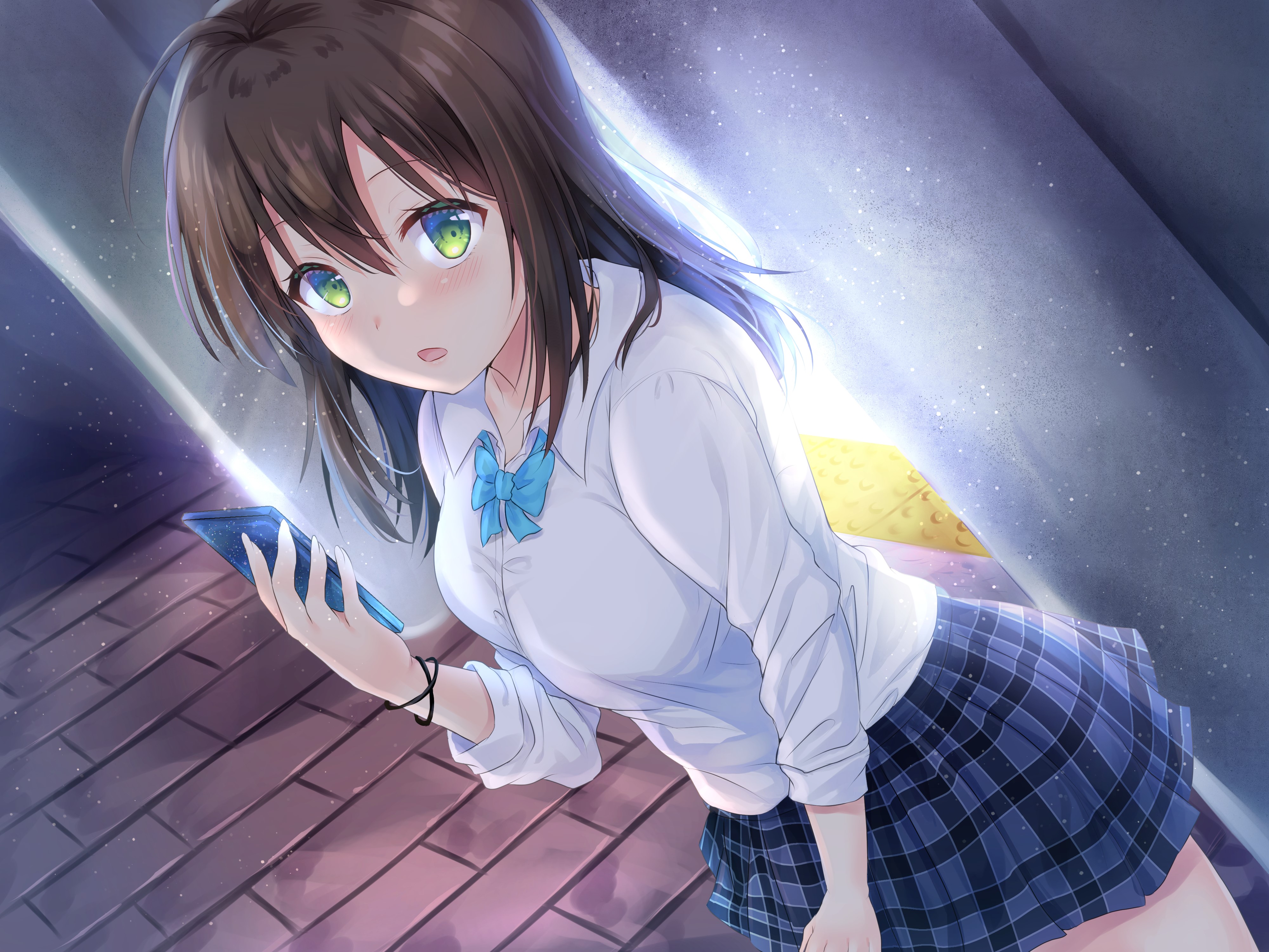 Anime girl in school uniform with smartphone HD Wallpaper