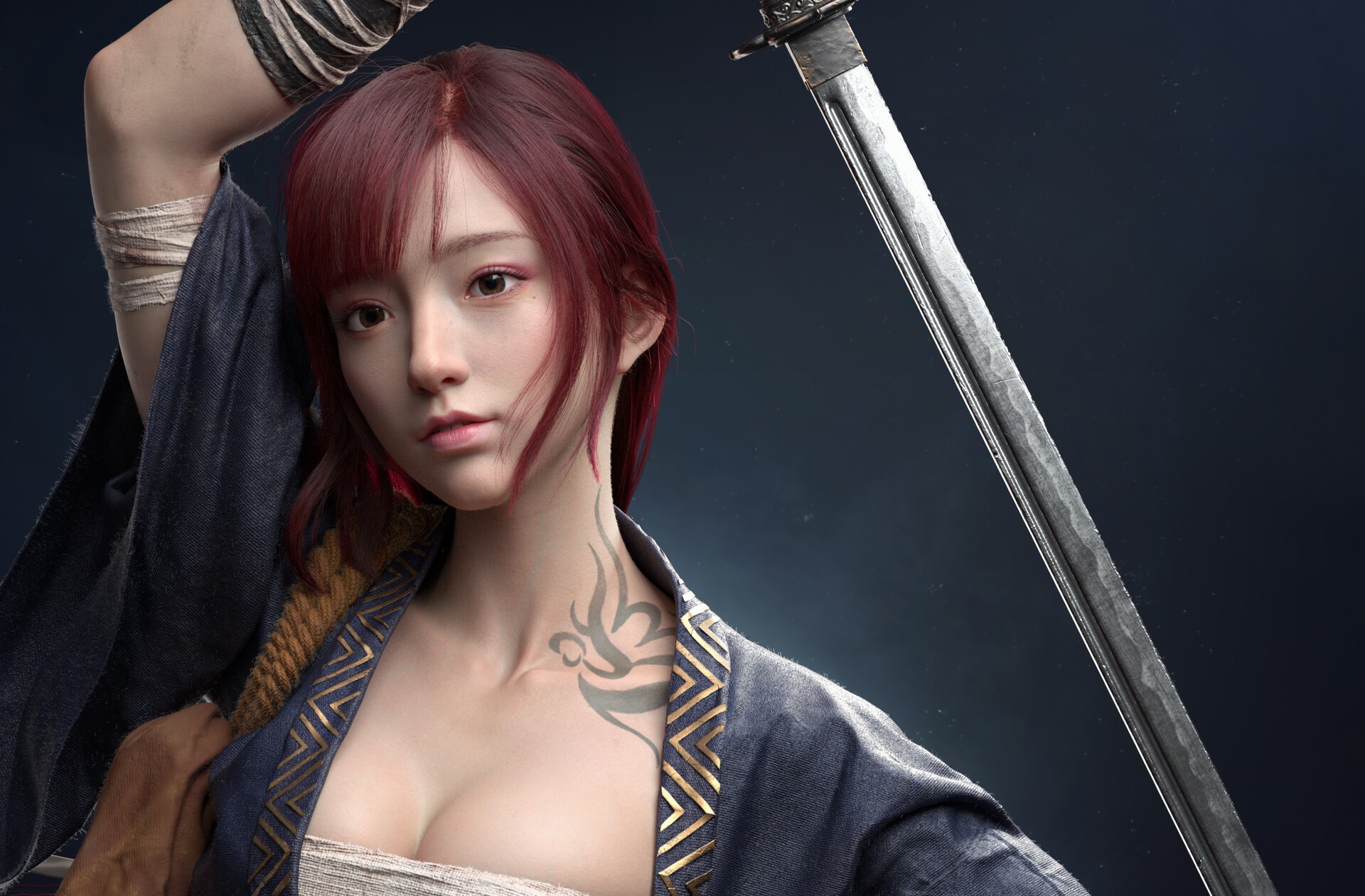 Woman with sword and tattoo HD Wallpaper