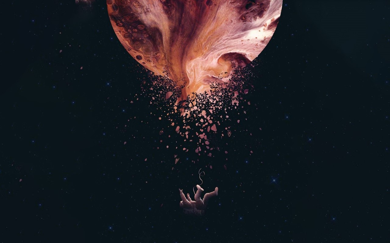 Astronaut falling from a disintegrating planet in space HD Wallpaper