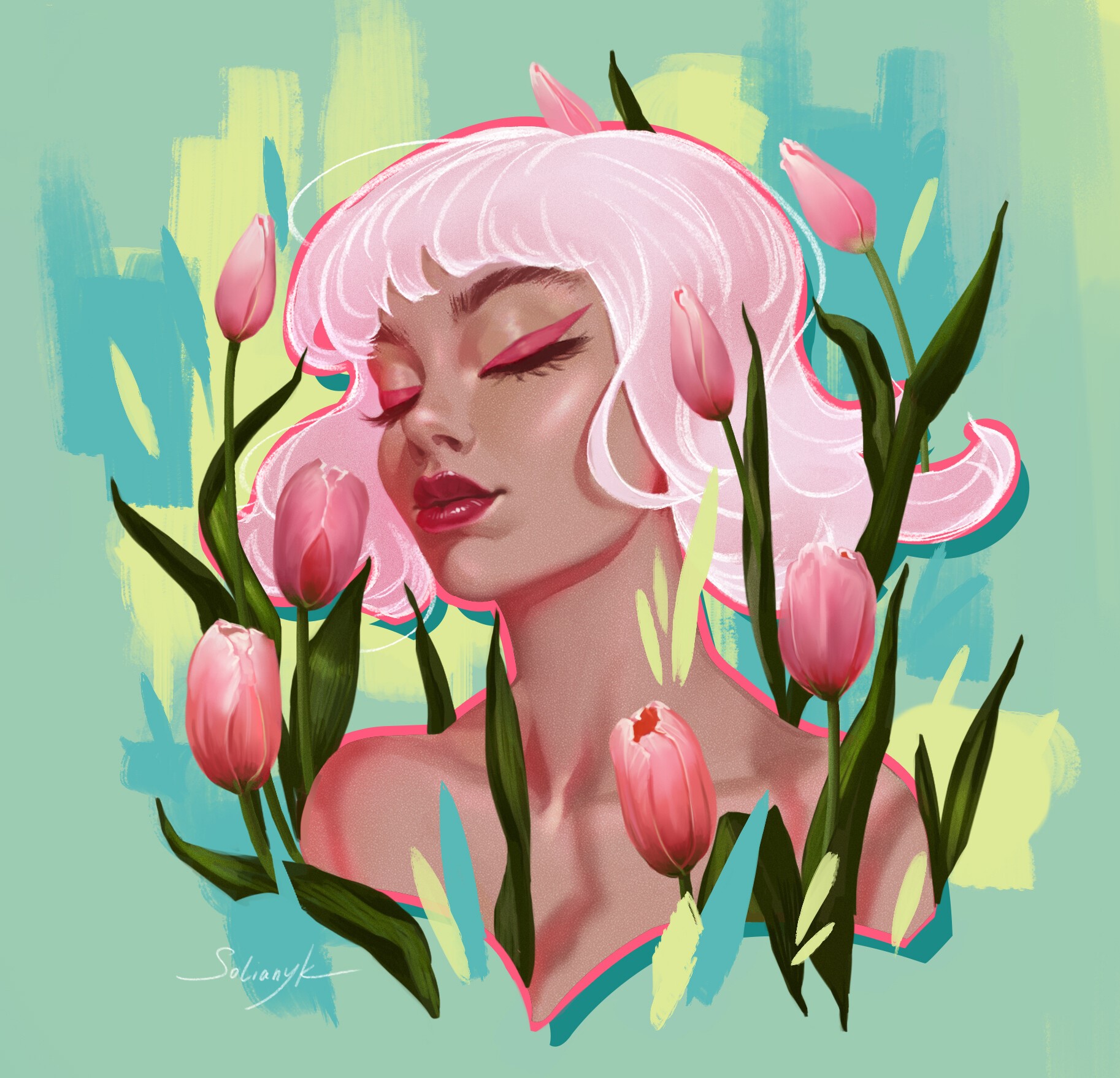 Woman with pink hair and tulips by Mariia Solianyk HD Wallpaper