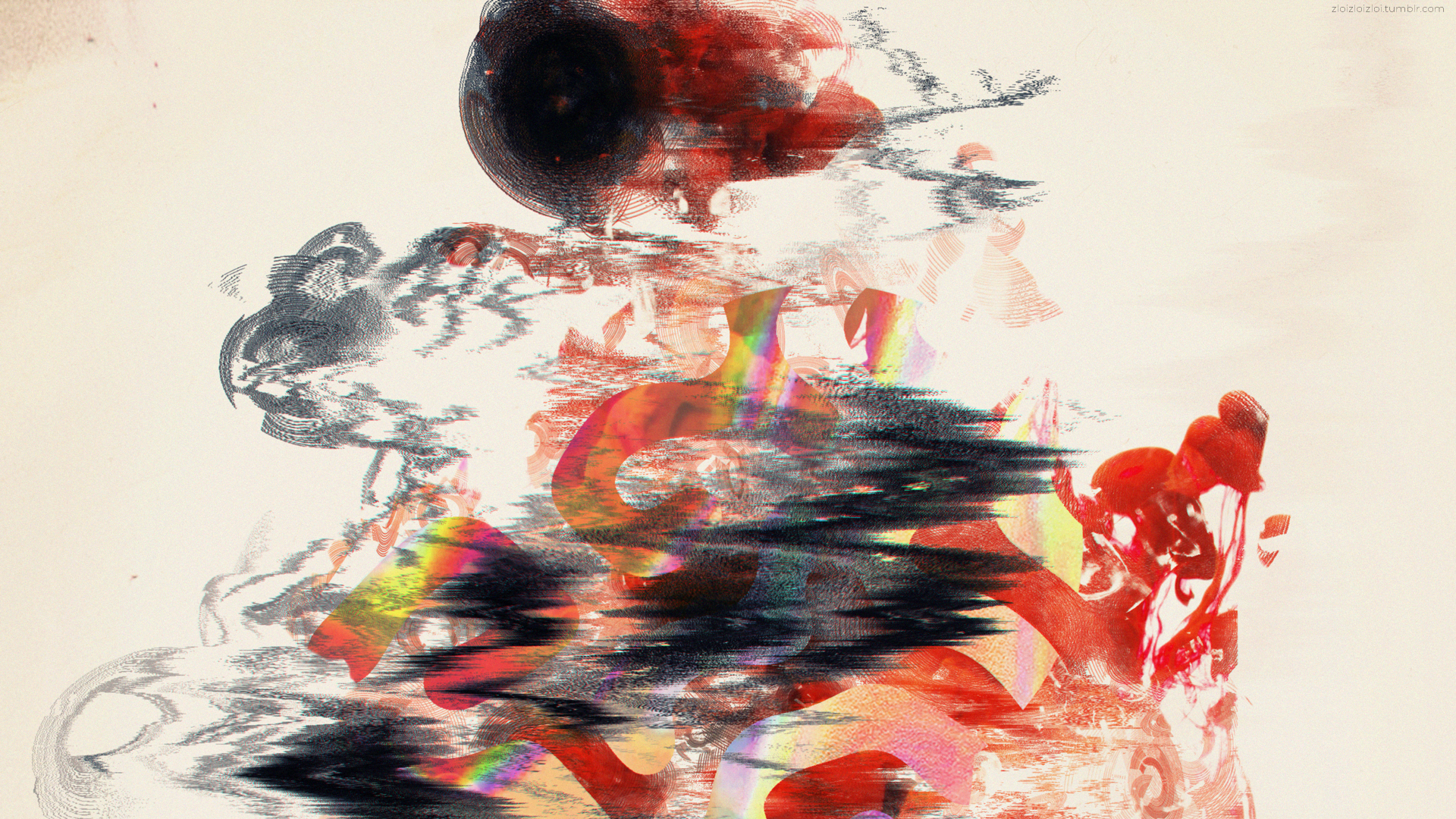 Abstract glitch art with red and black elements HD Wallpaper