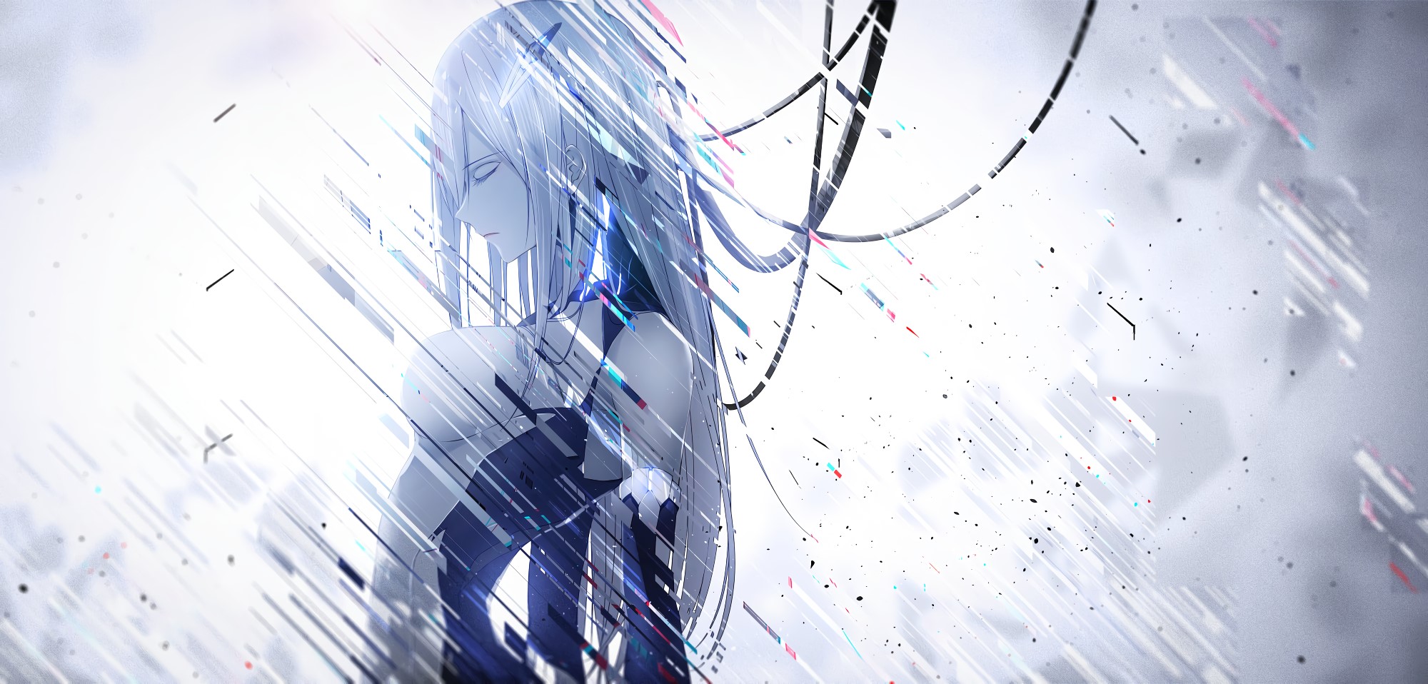 Anime girl with silver hair and wires, glitch art style HD Wallpaper