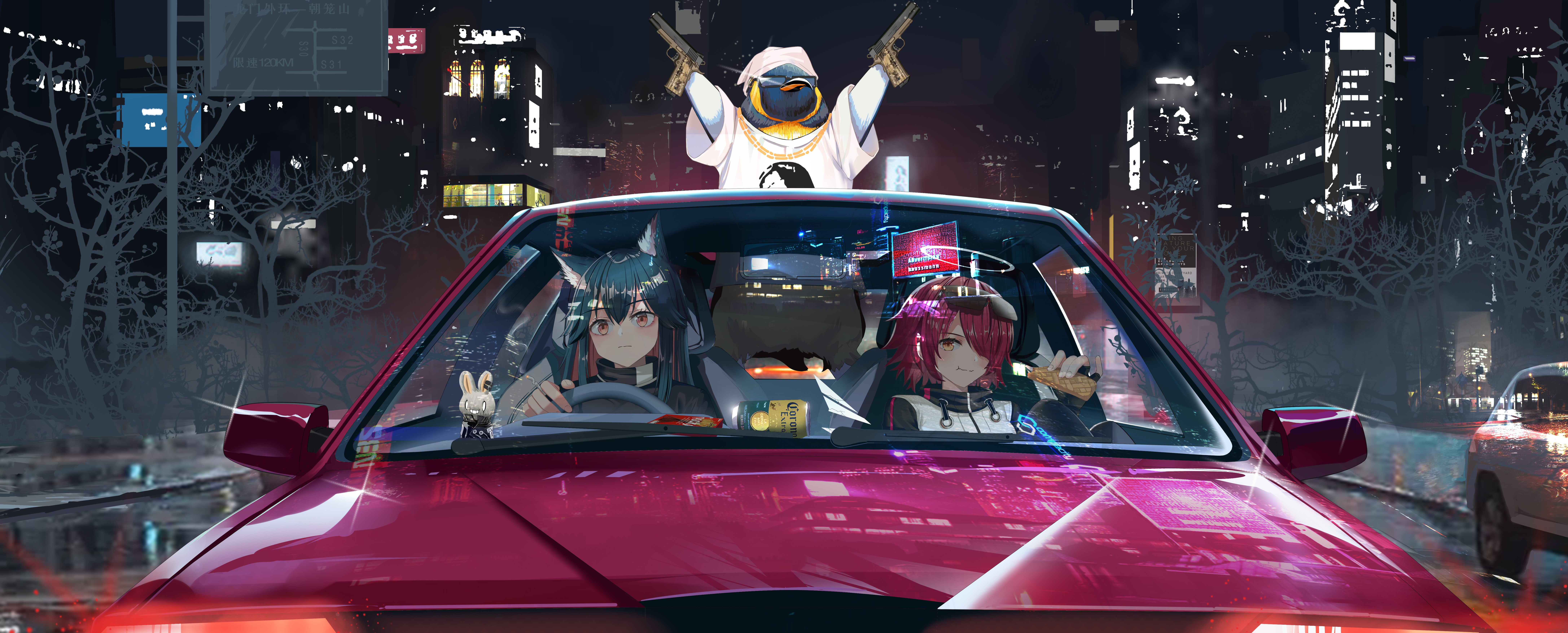 4K anime car scene with Arknights characters and a penguin HD Wallpaper