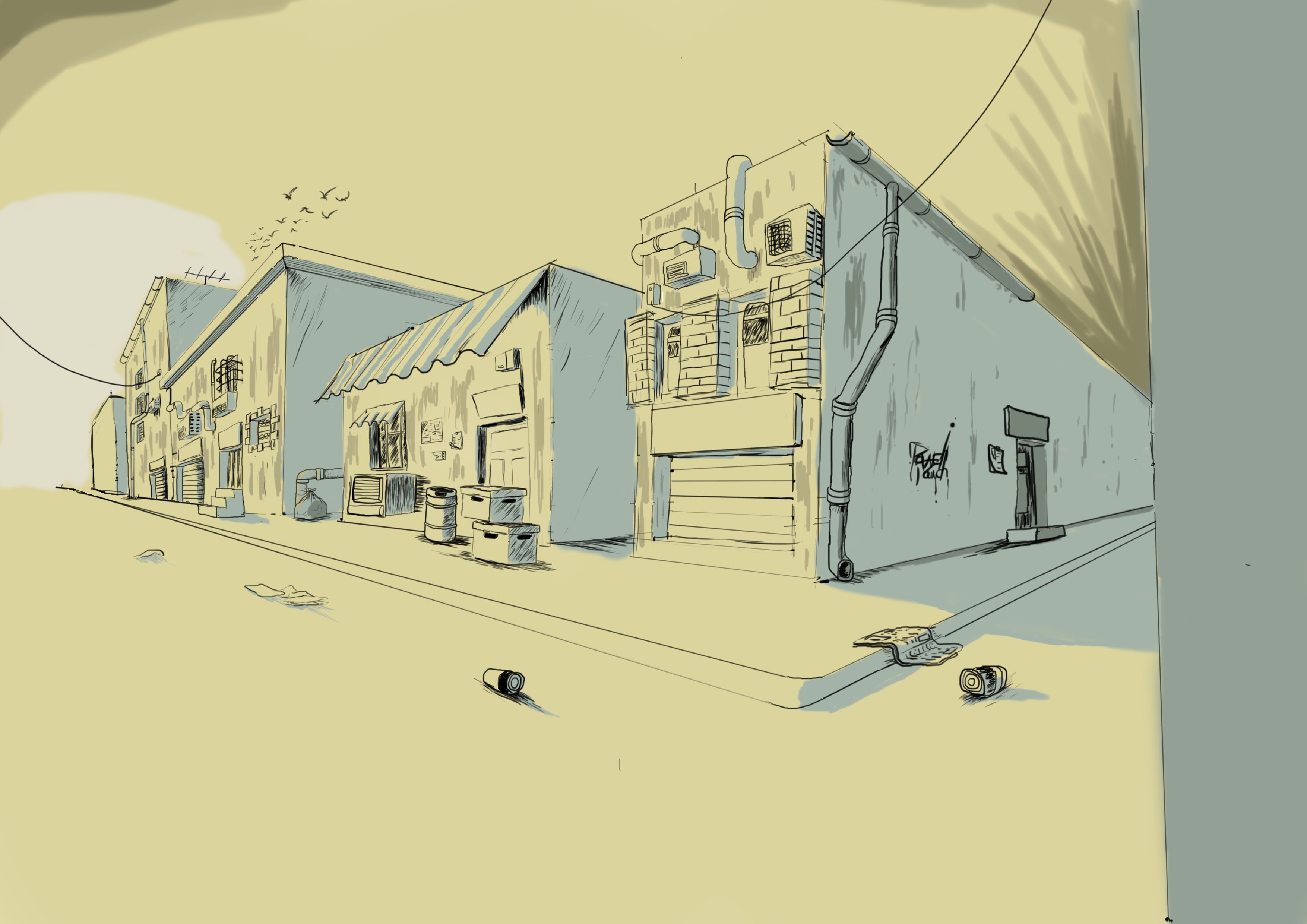 Dystopian town alleyway with buildings and trash HD Wallpaper