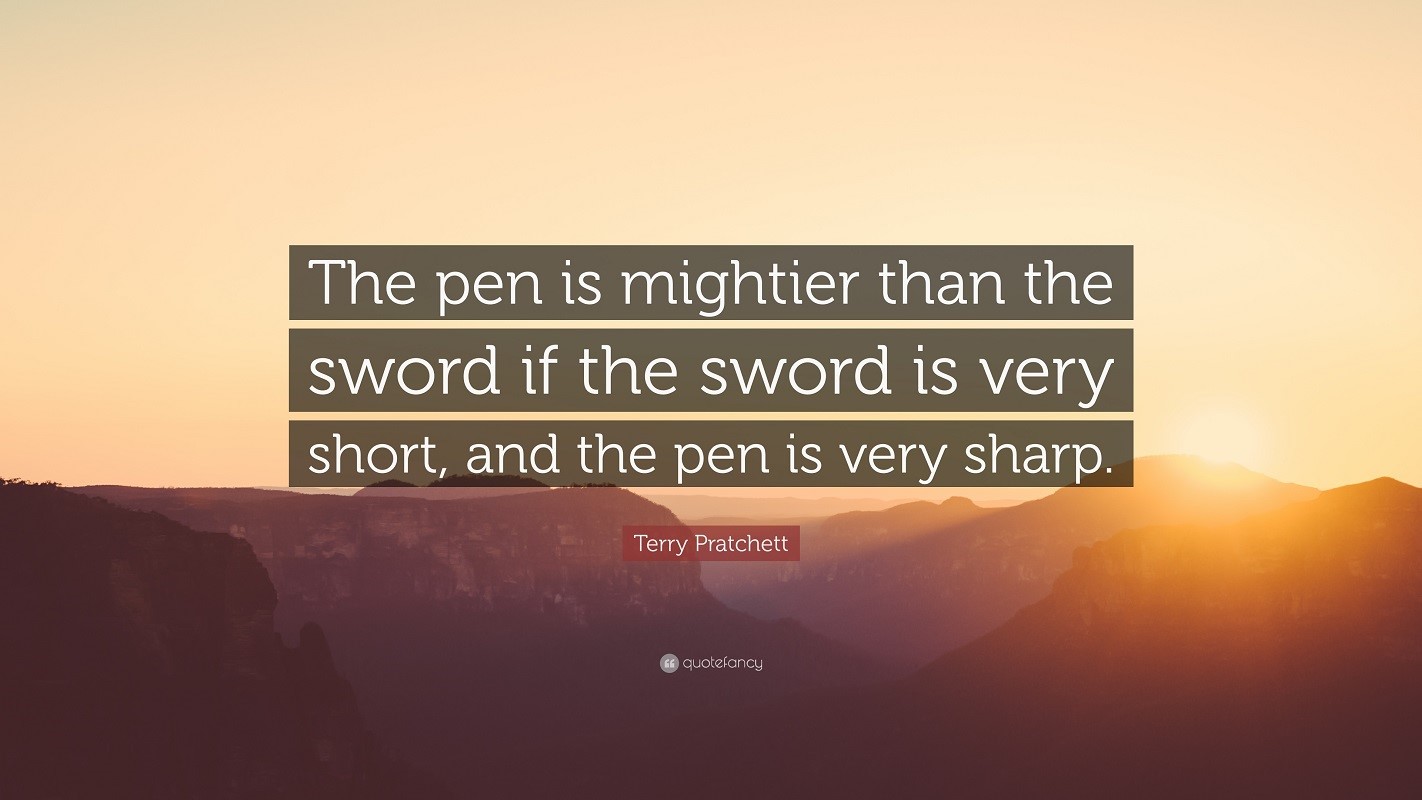 Terry Pratchett quote about pen and sword HD Wallpaper